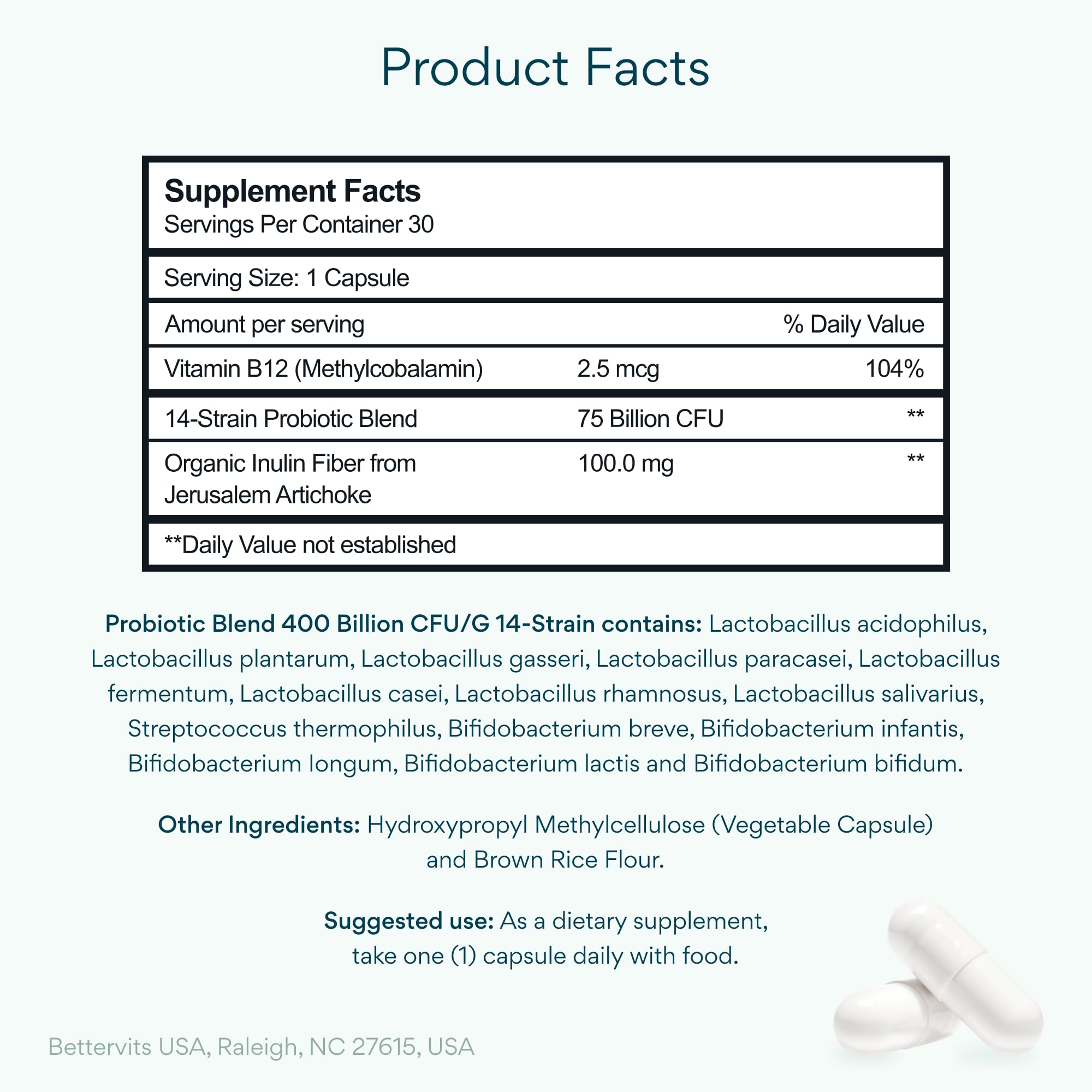 Bettervits Probiotics for Women & Men – 75 Billion CFU | Digestive Health and Gut Support Prebiotic | 14 Clinically Studied Strains with Vitamin B12, Lactobacillus and Inulin Fiber | 30 Capsules