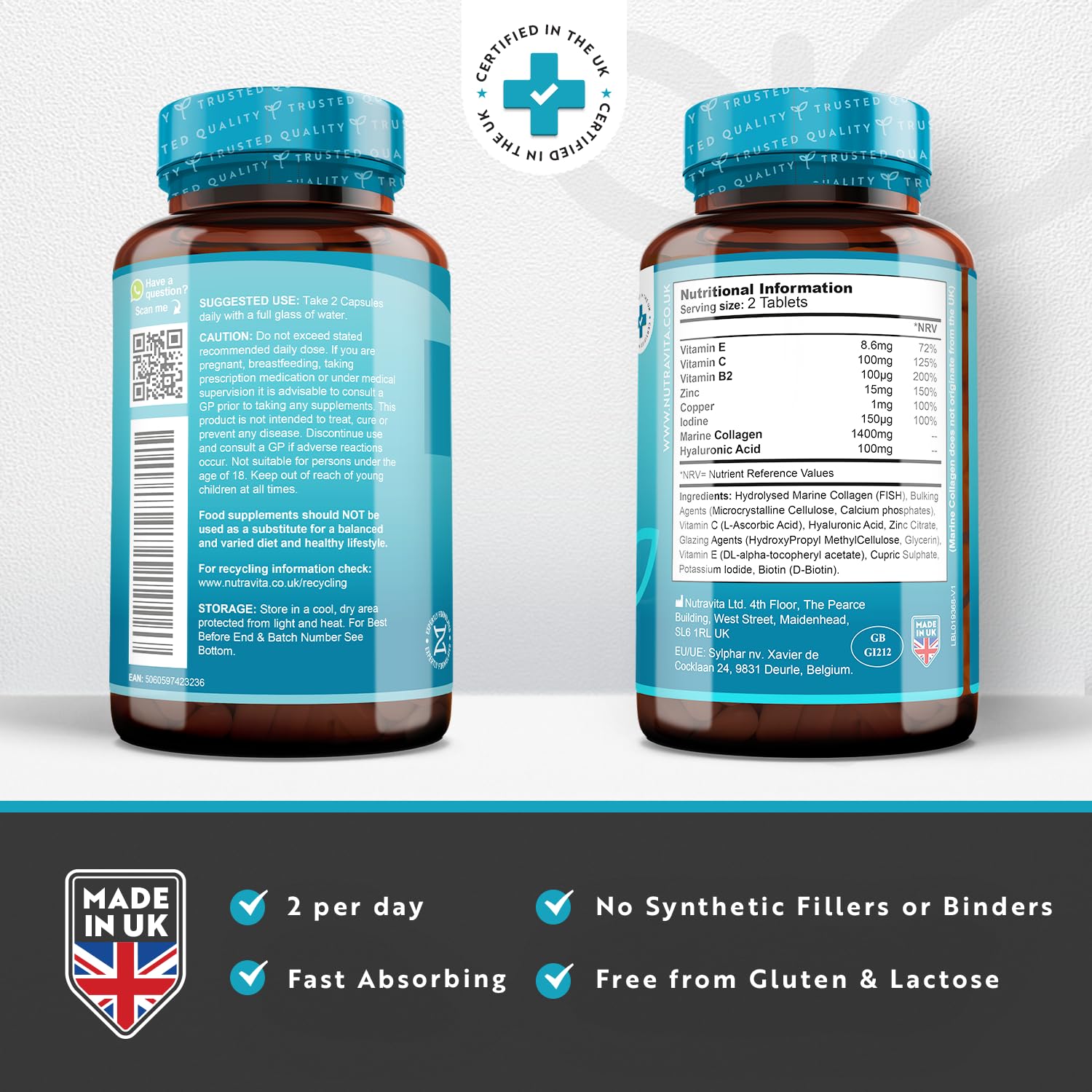 Marine Collagen Tablets 1400mg Enhanced with Hyaluronic Acid - Hydrolysed Supplements for Women and Men