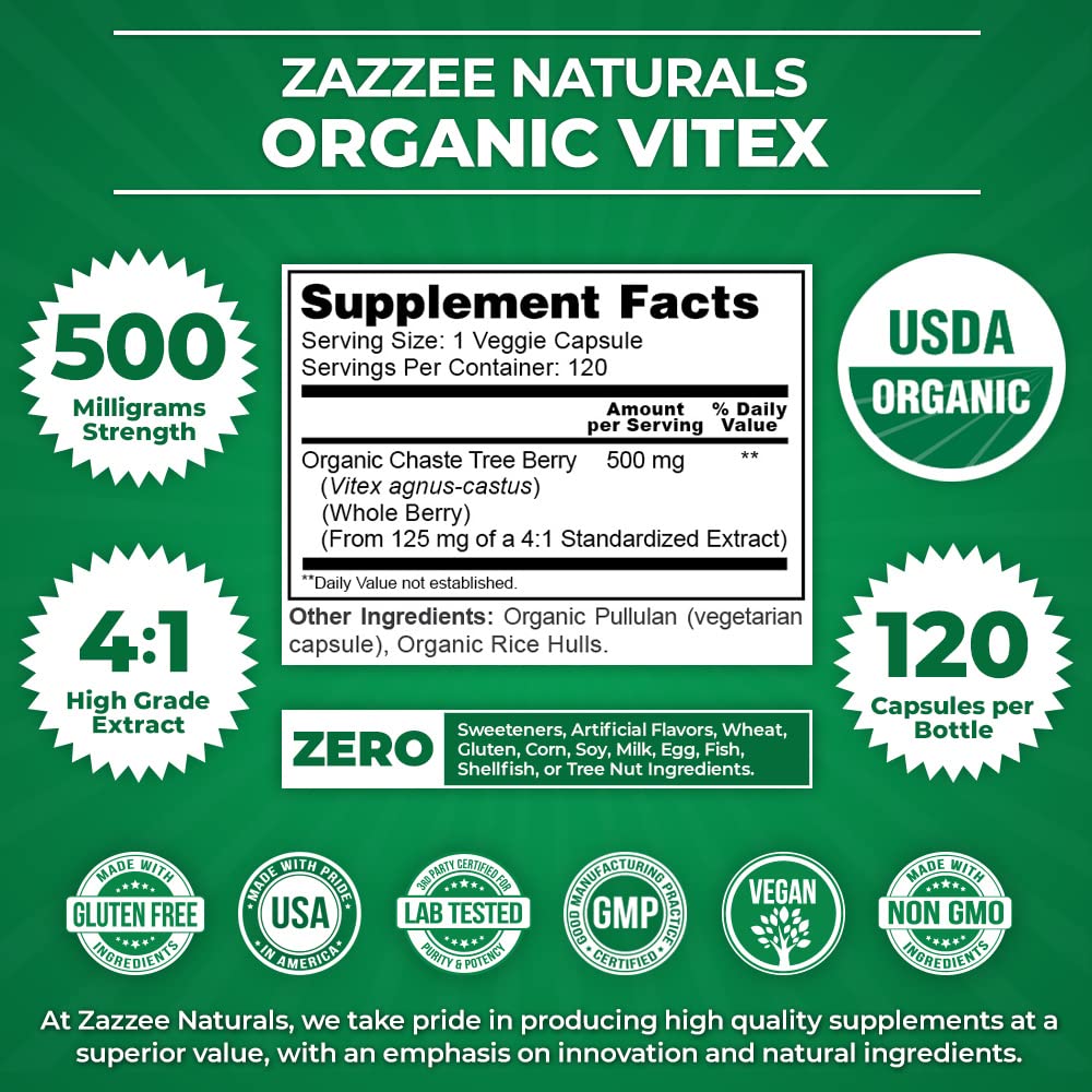 Zazzee USDA Organic Vitex, 500 mg Strength, 120 Vegan Capsules, 4 Month Supply