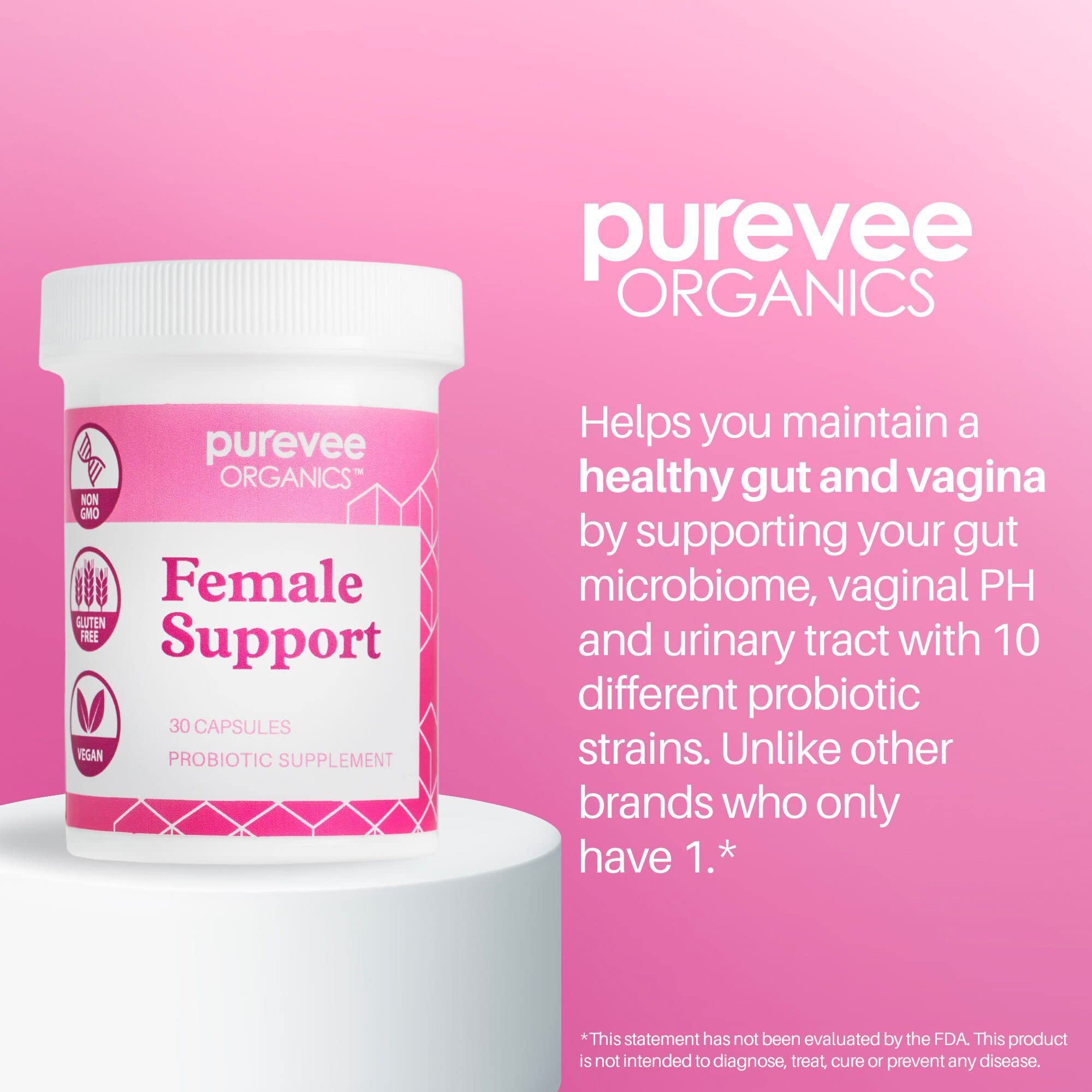 Purevee Organics Vaginal Probiotics for Women, 10 Essential Probiotic Strains, Vaginal + pH Balance