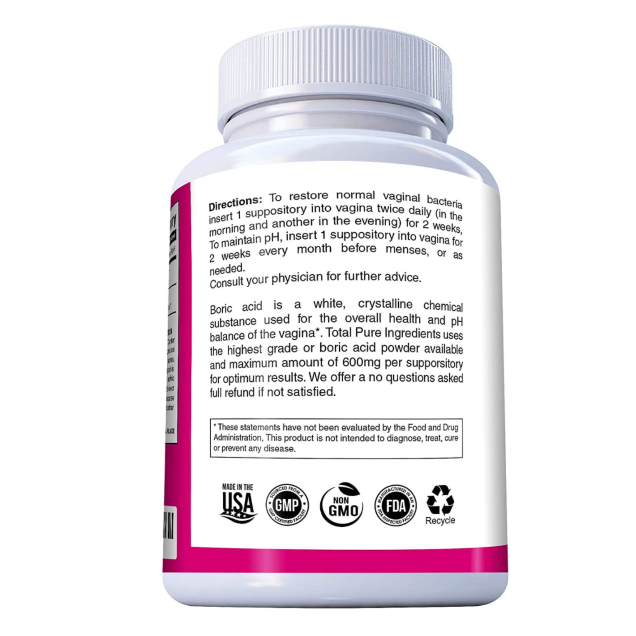 PURE PLANT HOME Boric Acid Suppositories Nature's Harmony 30 Count 600 mg 100% Pure Made in USA