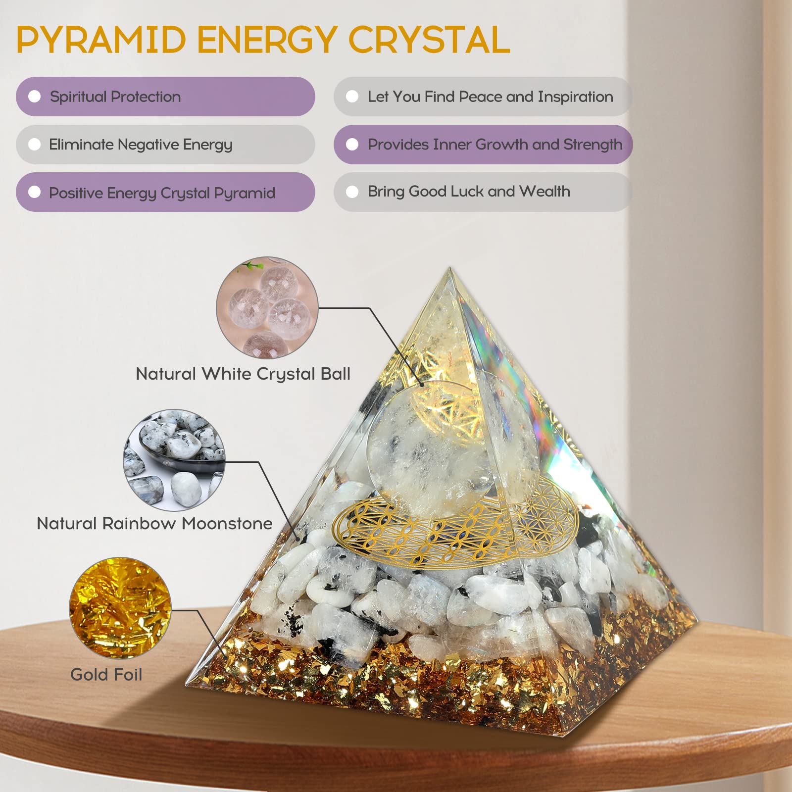 Hopeseed Orgone Pyramid for Positive Energy, Orgonite Rainbow Moonstone&White Crystal