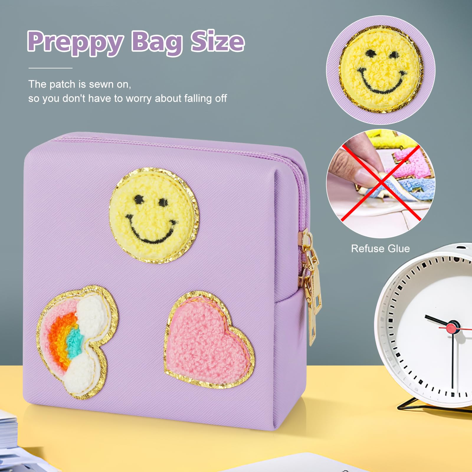 Preppy Patch Period Bag for Teen Aged Girls, Sanitary Napkin Storage Bag, Functional PU Leather Sanitary