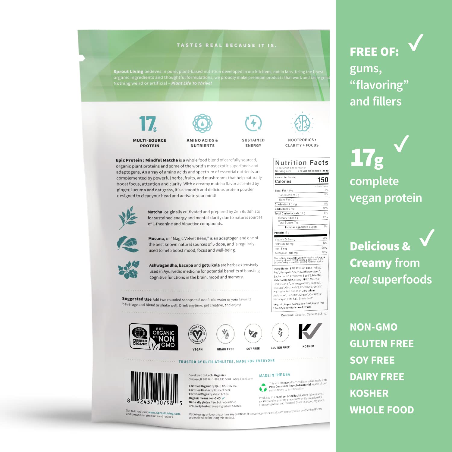 Sprout Living Epic Protein, Plant Based Protein & Superfoods Powder, Mindful Matcha