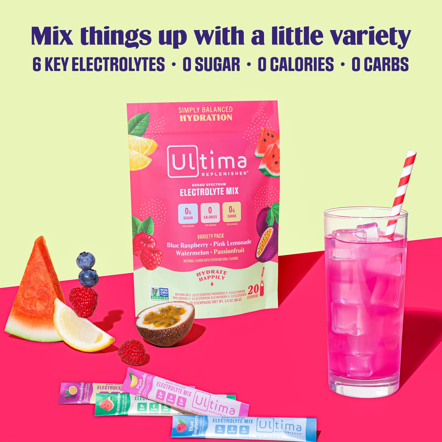 Ultima Replenisher Daily Electrolyte Drink Mix – Tropical Variety, 20 Stickpacks – Hydration