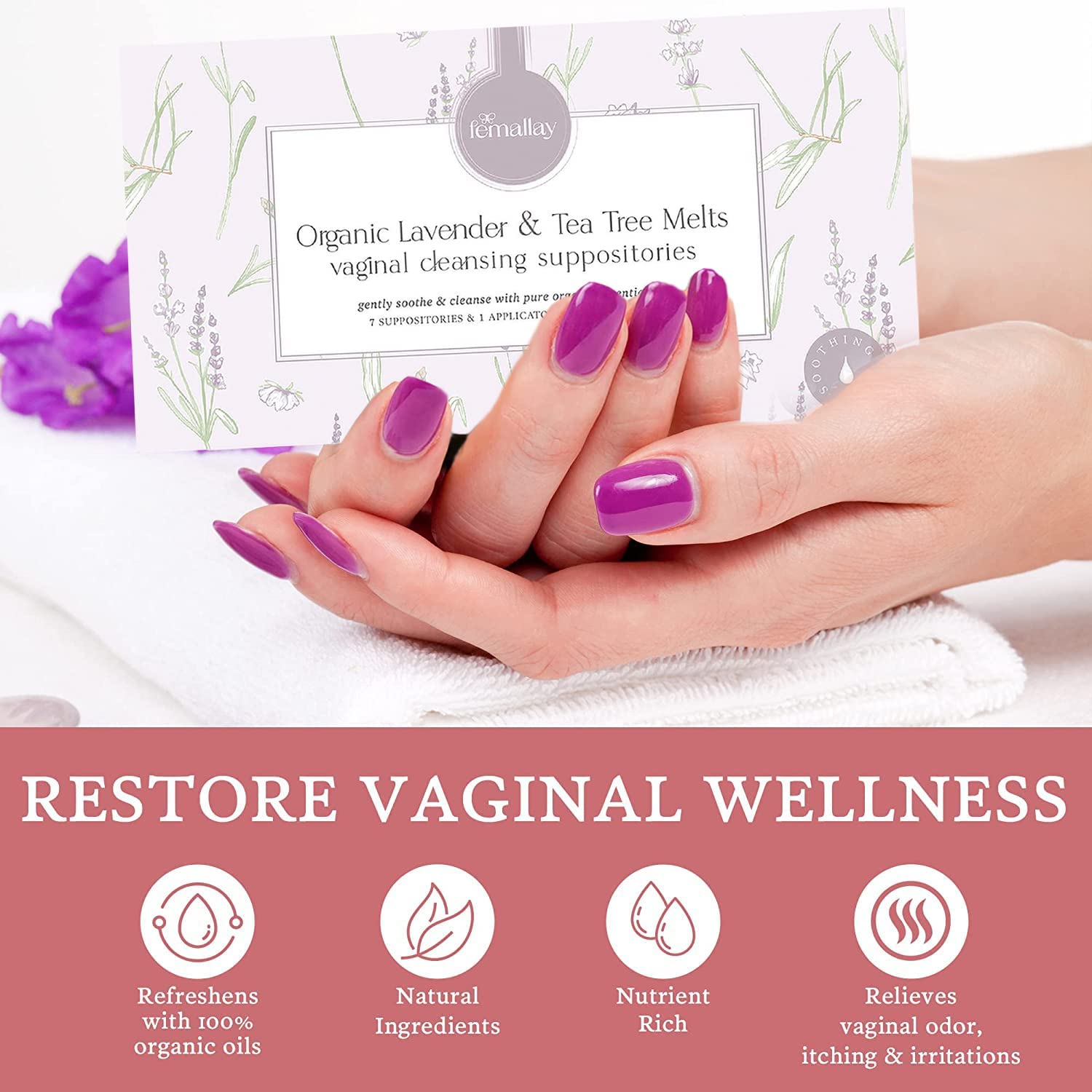 Femallay Lavender and Tea Tree Oil Vaginal Cleansing Suppositories for Hygiene, 100% Natural Melts