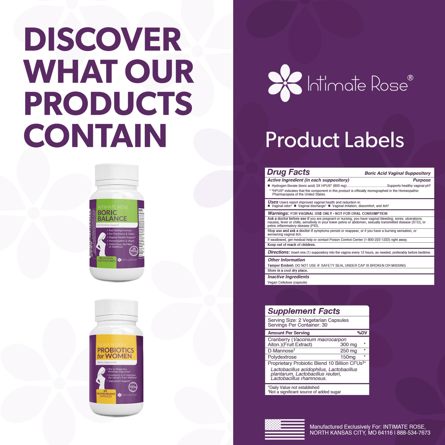 Intimate Rose Combo Pack! Flora Bloom Probiotics for Women (One Bottle) and Boric Balance Boric Acid