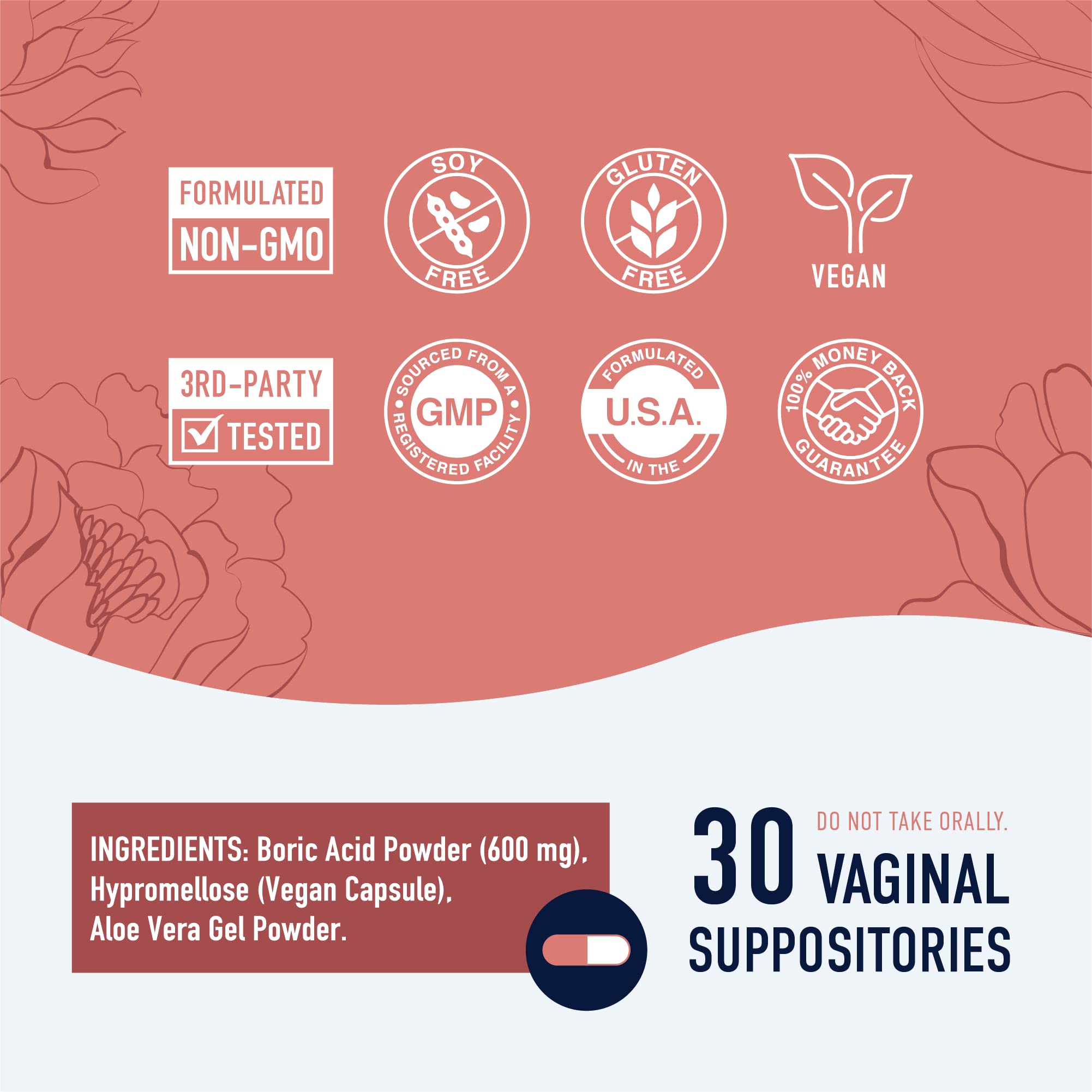 Boric Acid Suppositories for Women | 600mg | for pH Balance, Vaginal Odor & Itching | Feminine Intimate Health