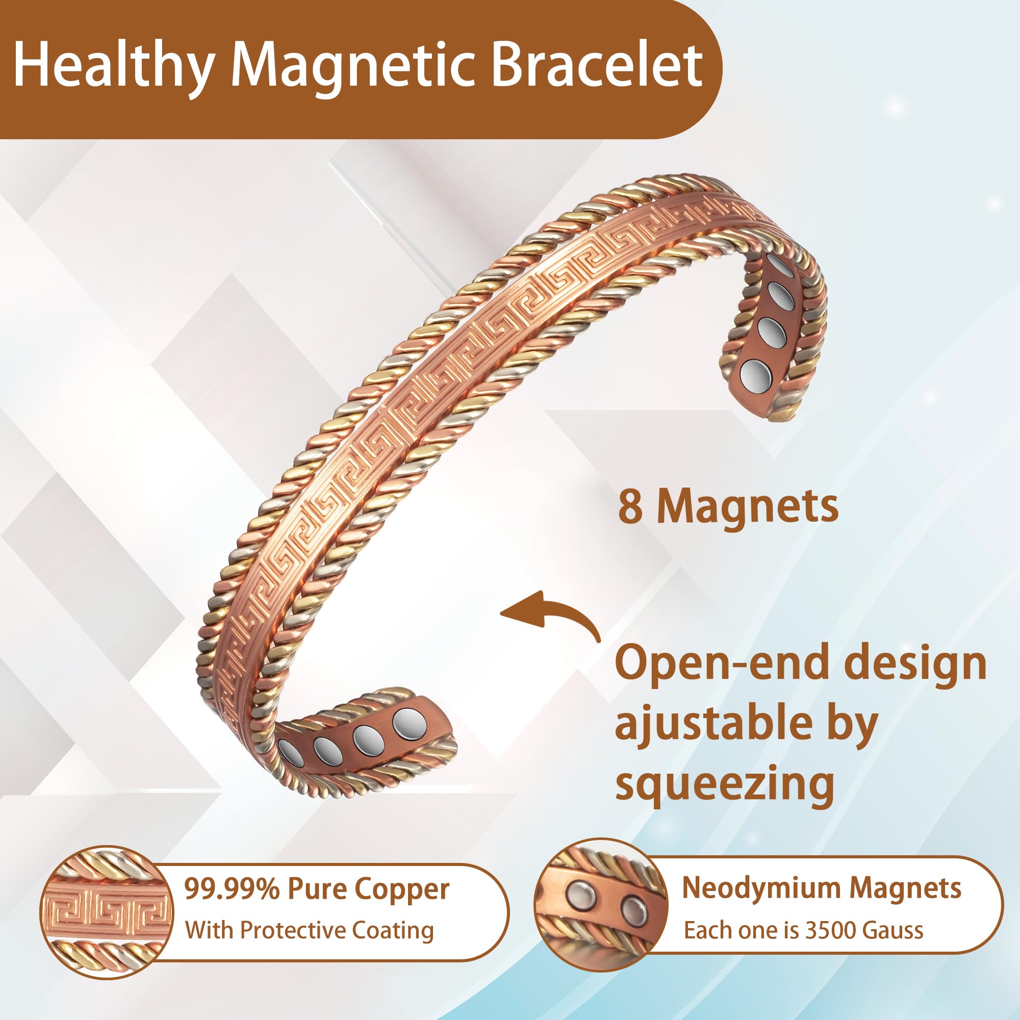 EnerCoppeX Copper Magnetic Bracelet for Women, 99.99% Pure Copper Cuff with 3500 Gauss Magnets (A)
