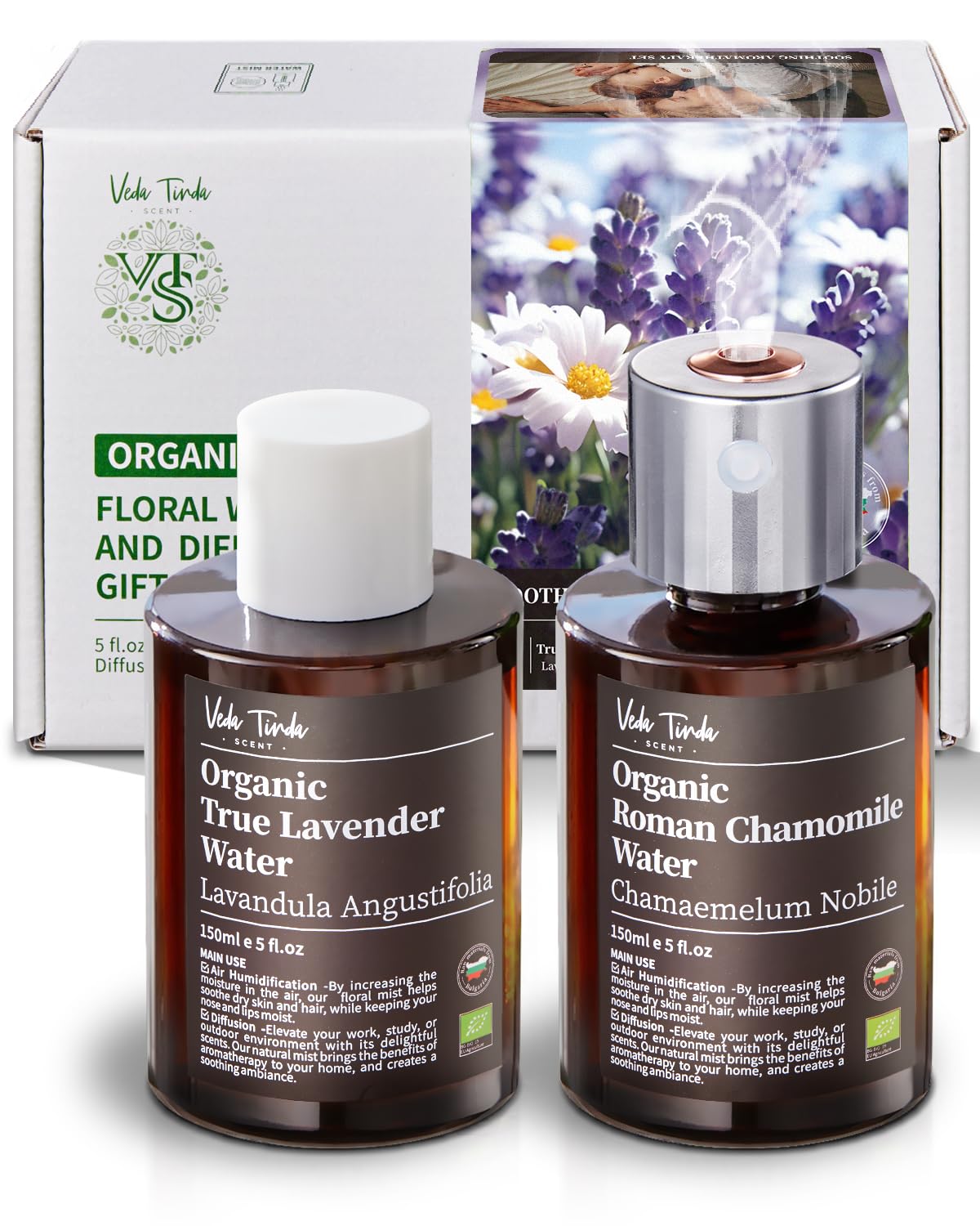 VTS Organic Lavender Water and Roman Chamomile Floral Water with Diffuser, Aromatherapy Air