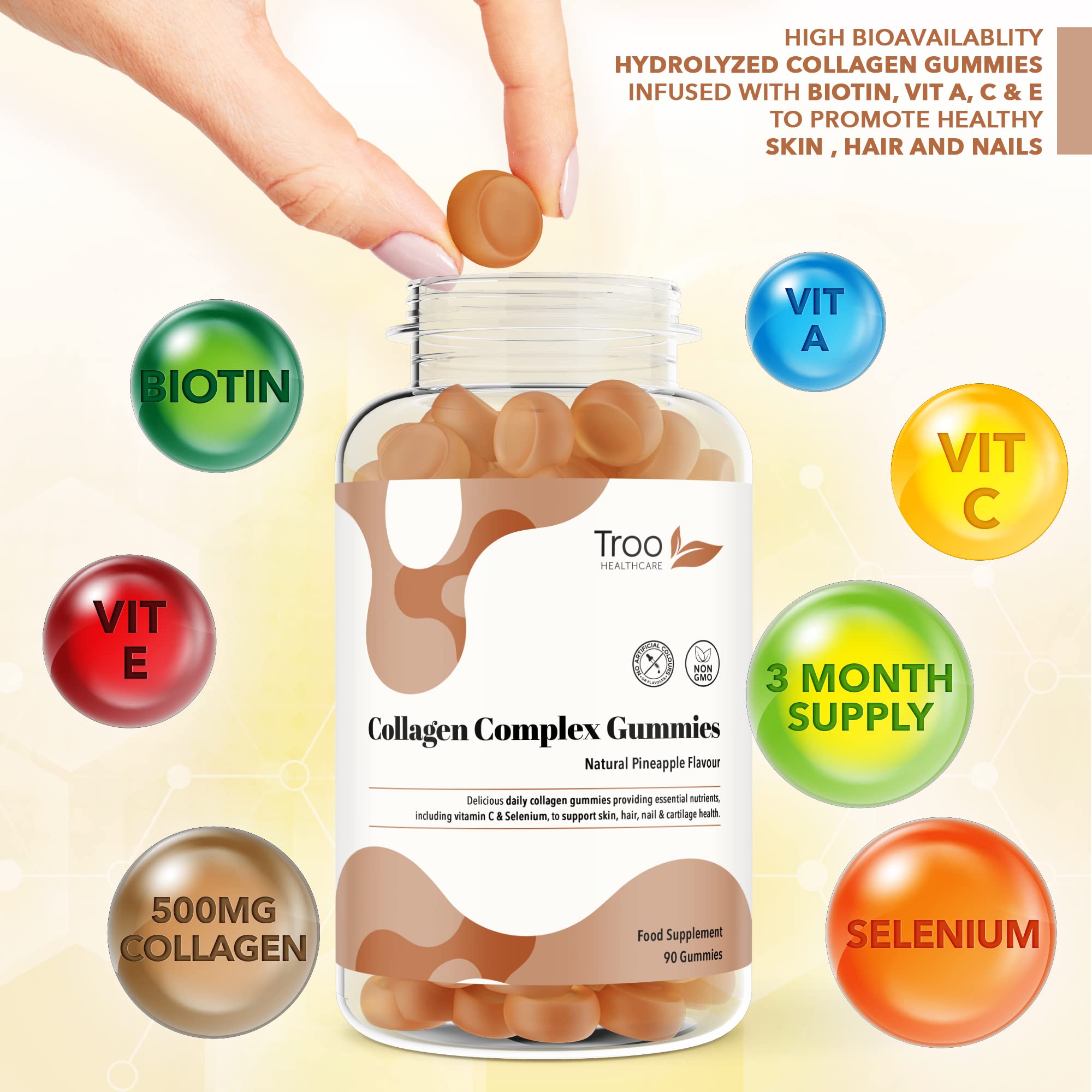 Hydrolysed Collagen Complex - 90 Natural Pineapple Flavour Chewable Gummies - One Per Day with Biotin, Vitamin C and Selenium