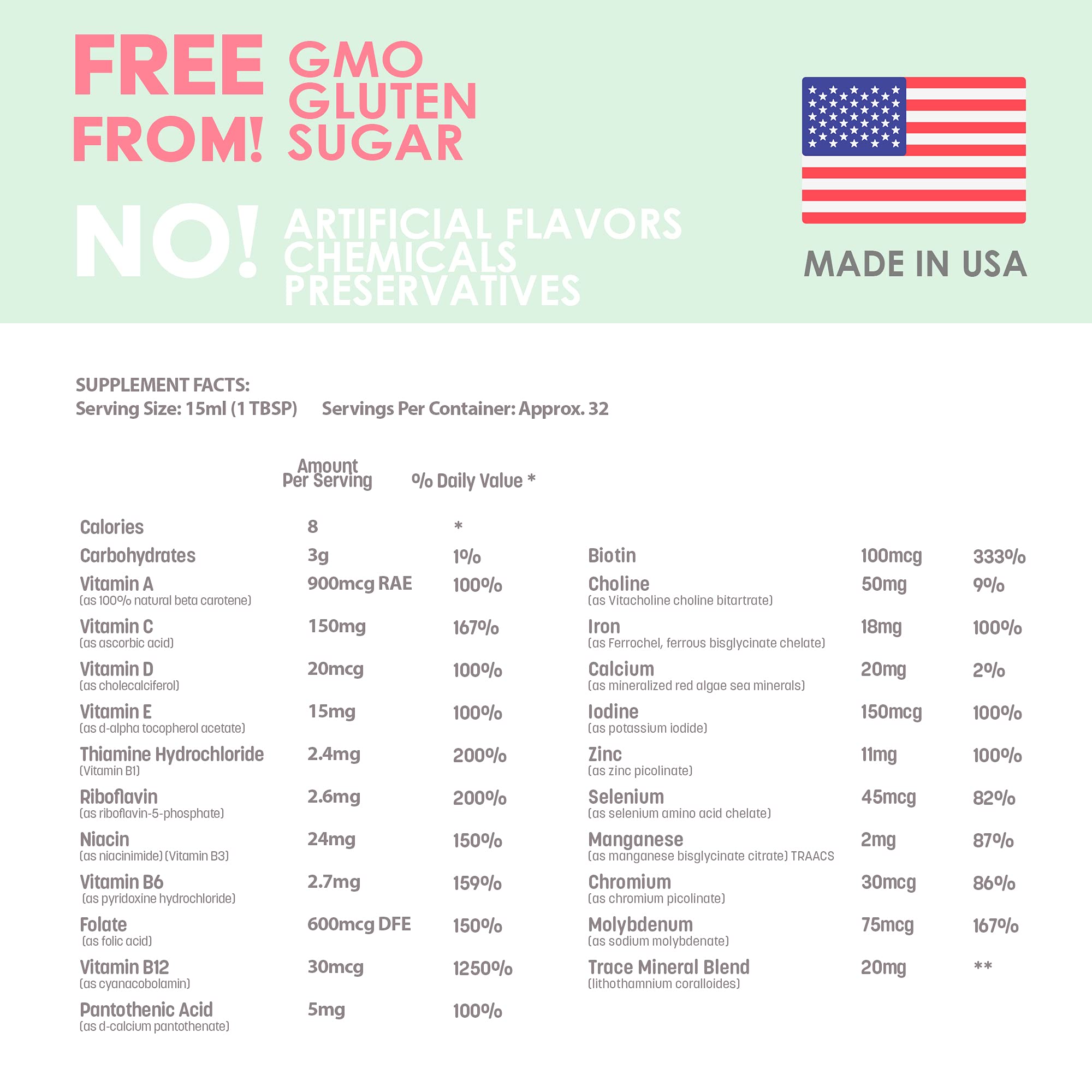 Liquid Prenatal Vitamins for Women - Iron, Natural Folic Acid, Folate, Vitamin D, E, B6