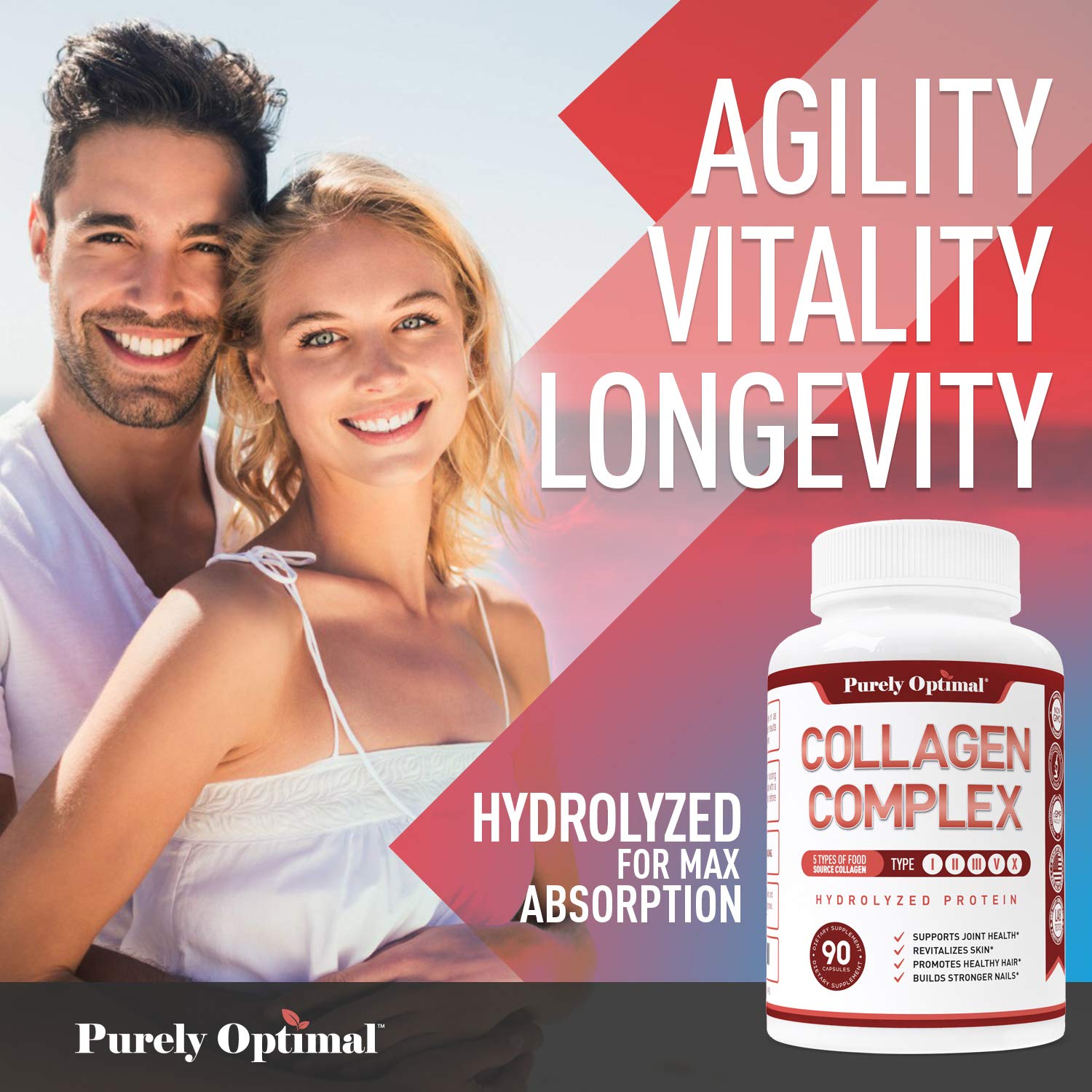 Purely Optimal Premium Multi Collagen Peptides Capsules (Types I, II, III, V, X) - Hair