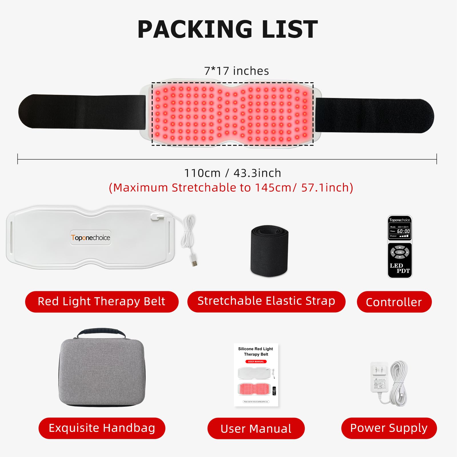 Toponechoice Red Light Therapy Belt, 450pcs 660nm 850nm 940nm, Infrared Light Therapy