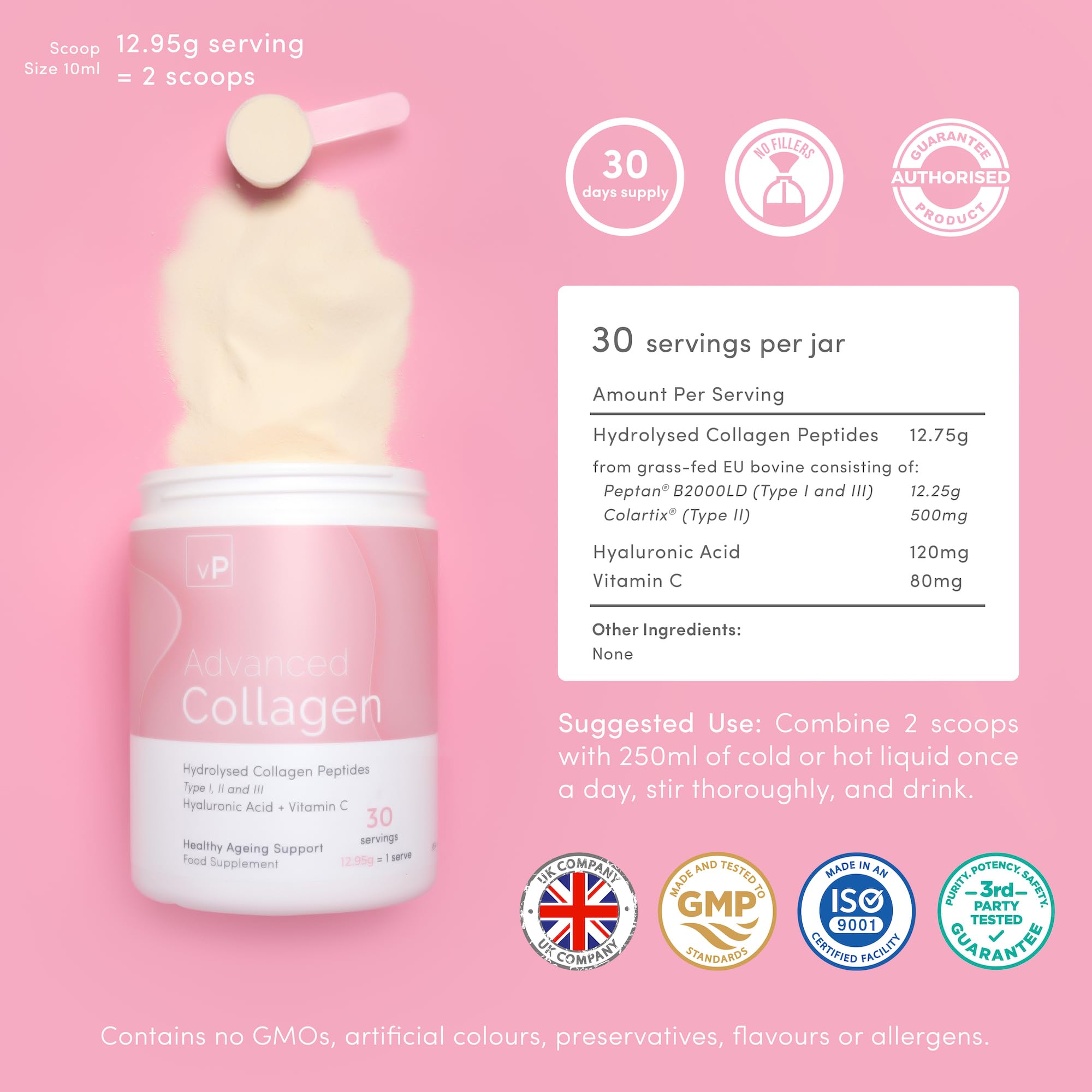 Advanced Collagen with Hyaluronic Acid - 12.95g x 30 Servings - Type 1 2 3