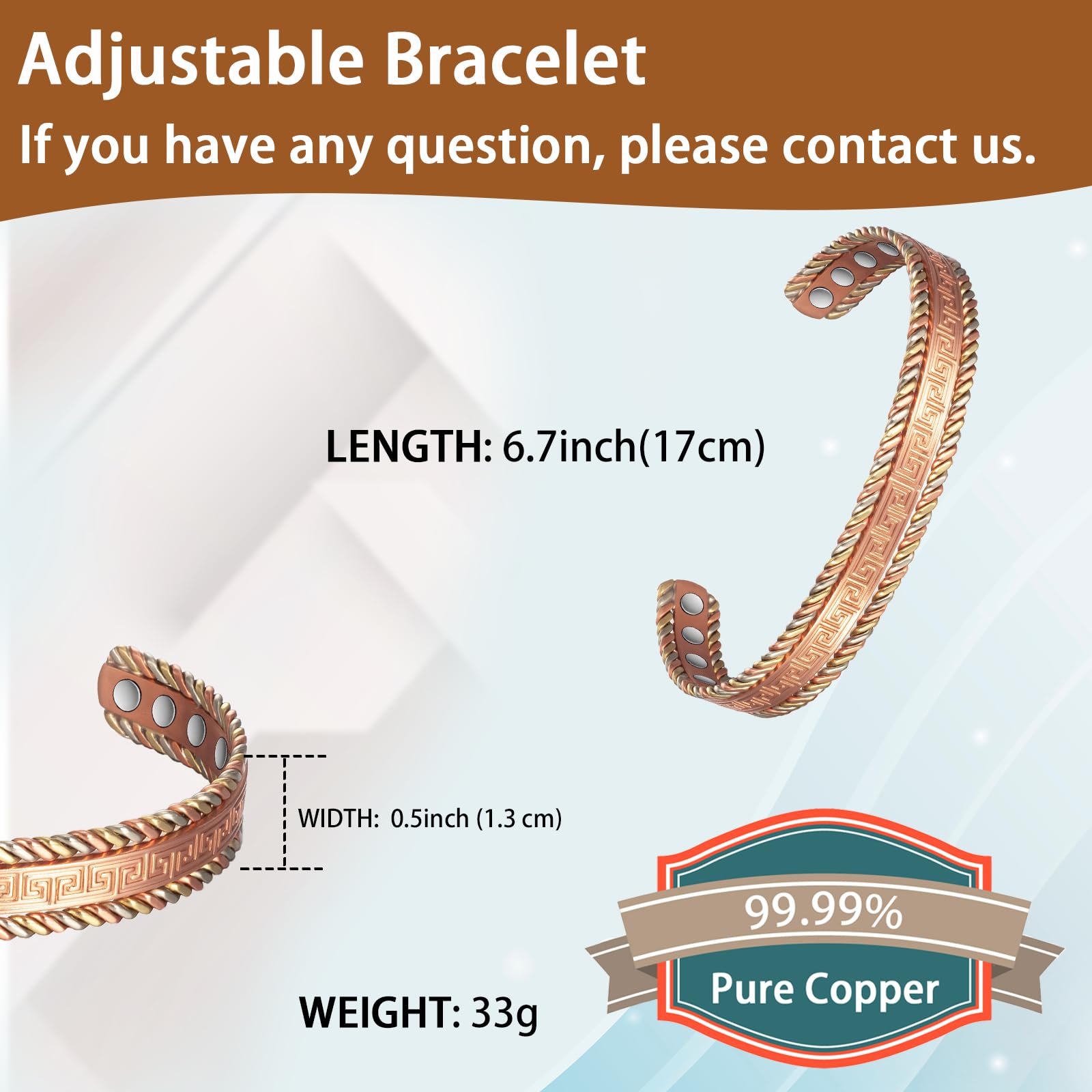 EnerCoppeX Copper Magnetic Bracelet for Women, 99.99% Pure Copper Cuff with 3500 Gauss Magnets (A)