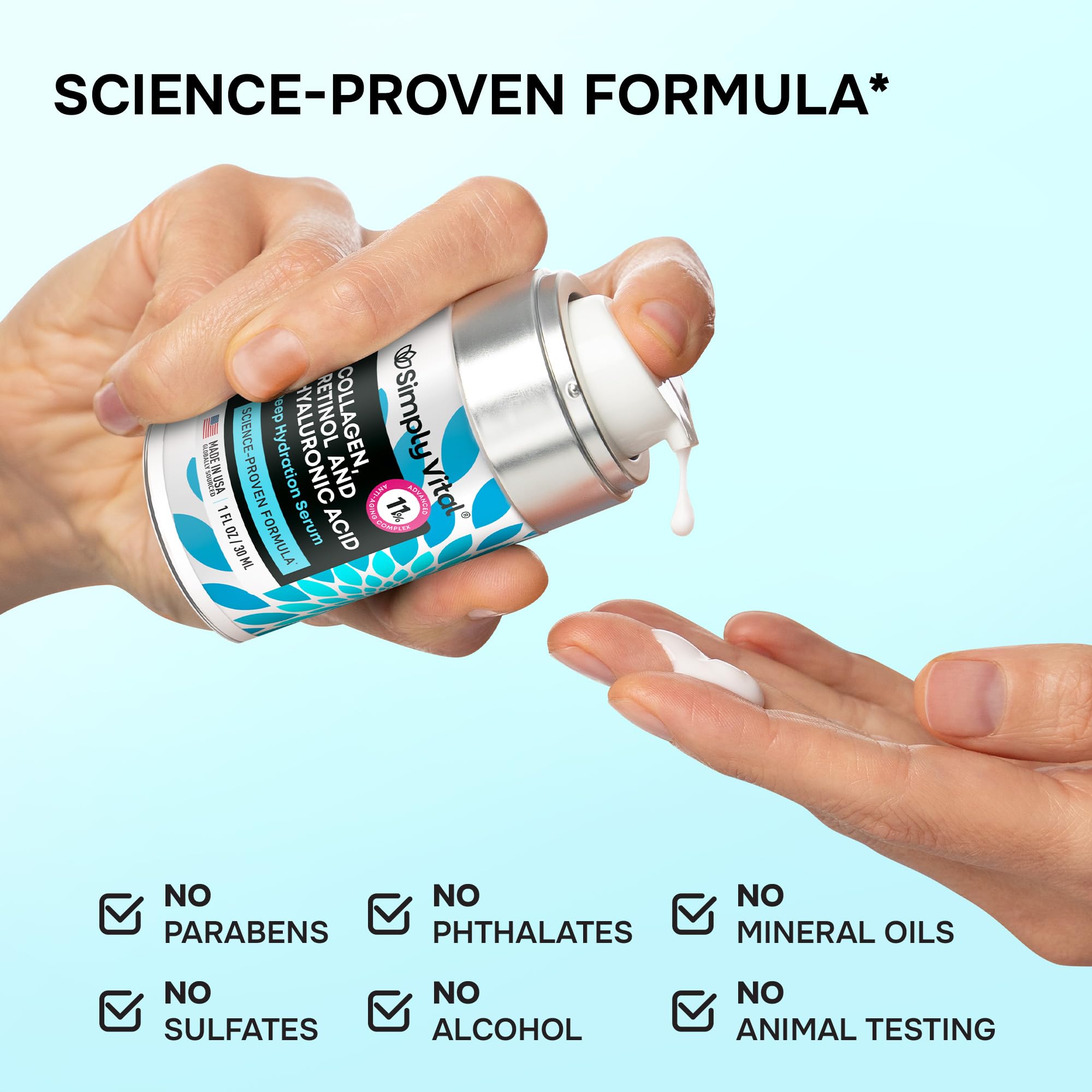 SimplyVital Collagen, Retinol & Hyaluronic Acid Serum – Lightweight Hydrating Facial Serum for Smooth and Radiant Skin, 1 fl oz