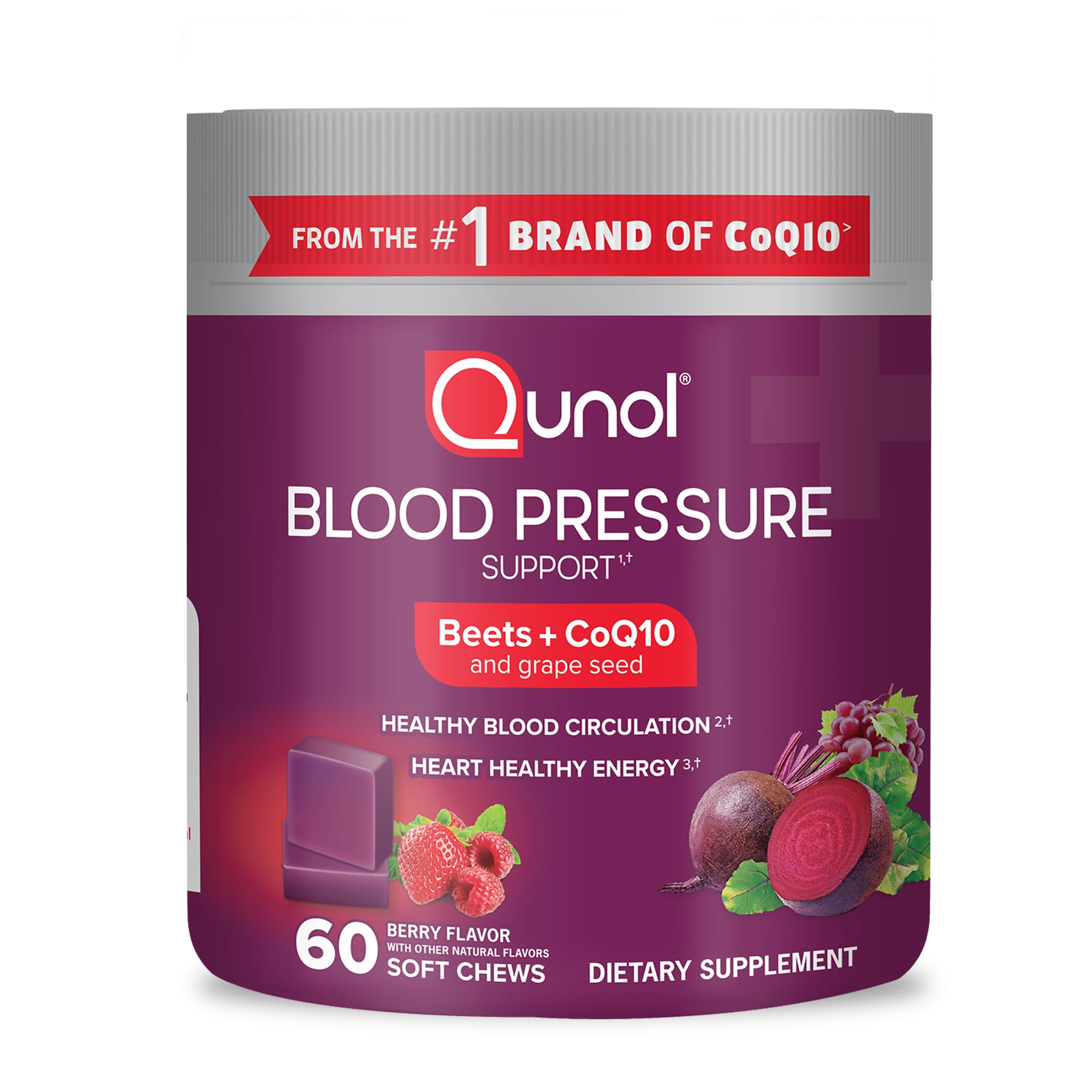 Qunol Beets Chews for Blood Pressure Support, 3 in 1 Beets + CoQ10 + Grape Seed Extract