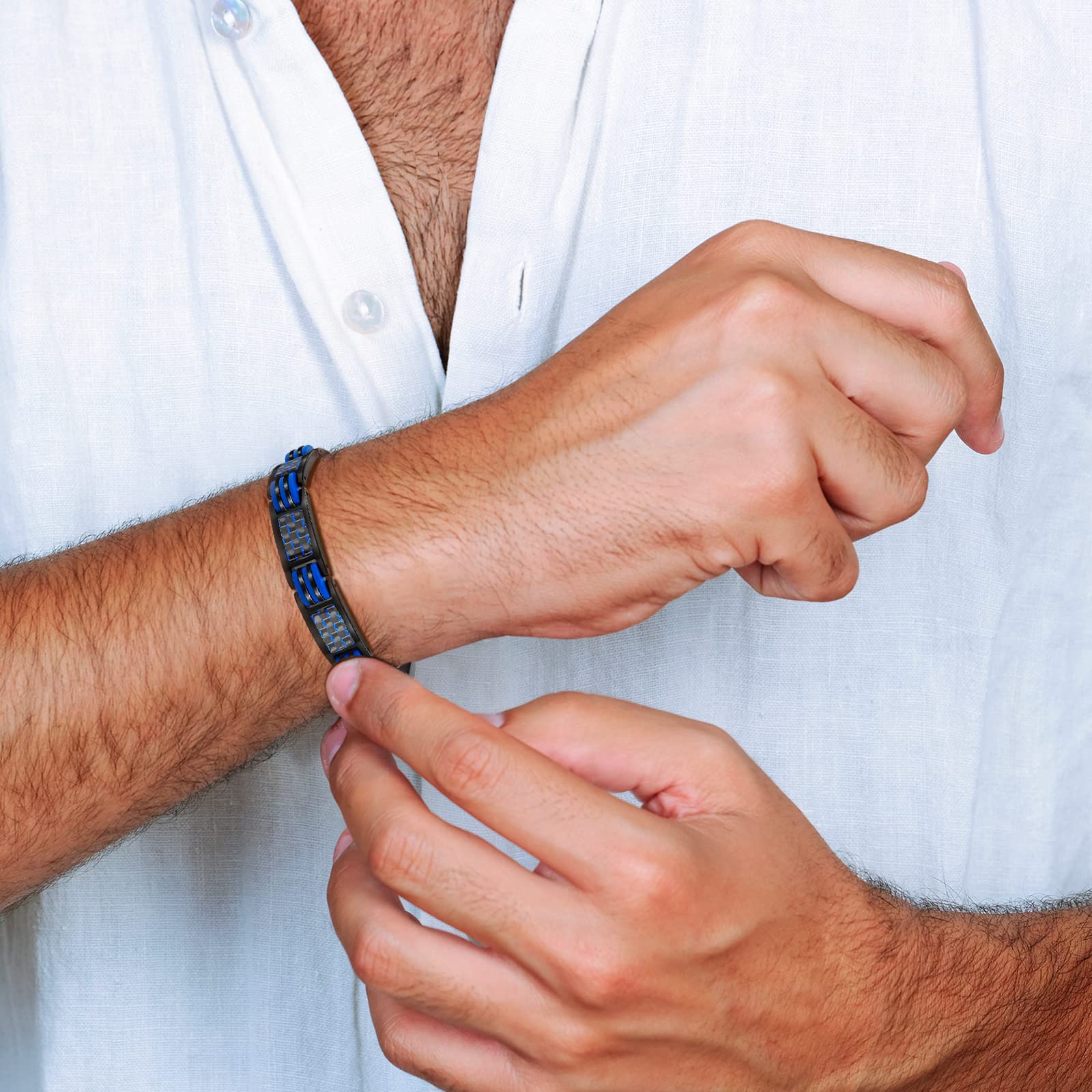 JEROOT Magnetic Bracelets for Men, Blue Carbon Fiber Pure Titanium Magnetic Bracelet