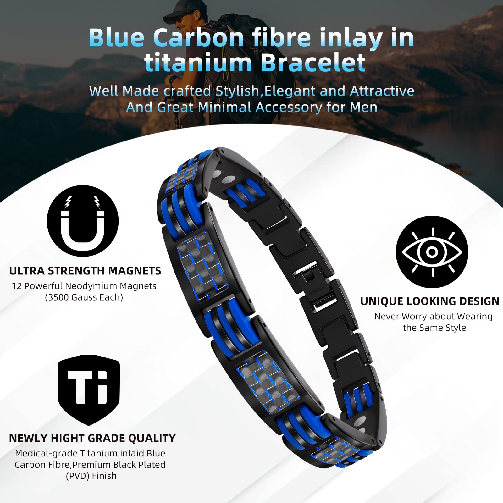 JEROOT Magnetic Bracelets for Men, Blue Carbon Fiber Pure Titanium Magnetic Bracelet