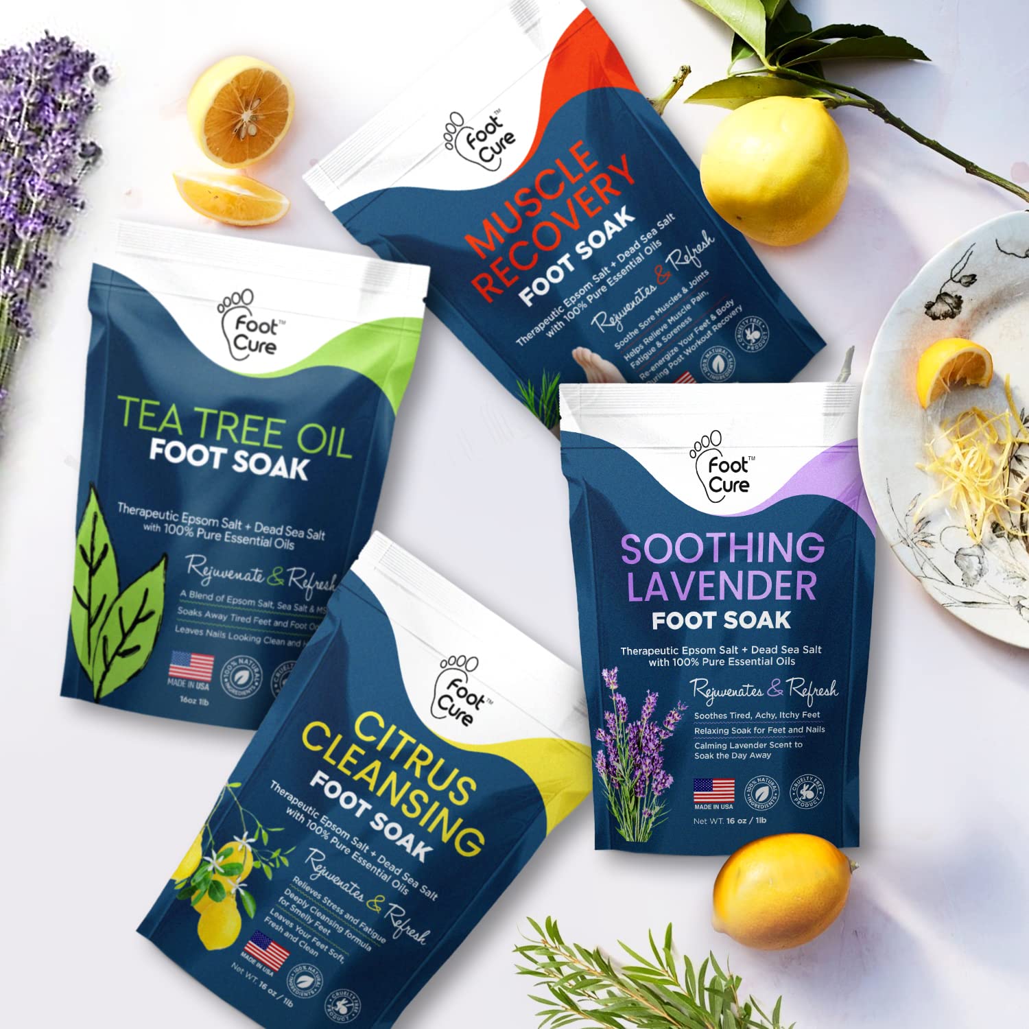 Foot Soak with Epsom Salts- Variety Pack of 4- Tea Tree Oil, Muscle Relief, Calming