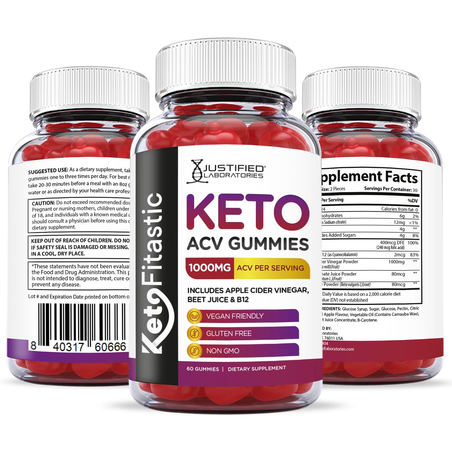 Justified Laboratories (3 Pack) Ketofitastic Keto Gummies 1000MG ACV with Pomegranate
