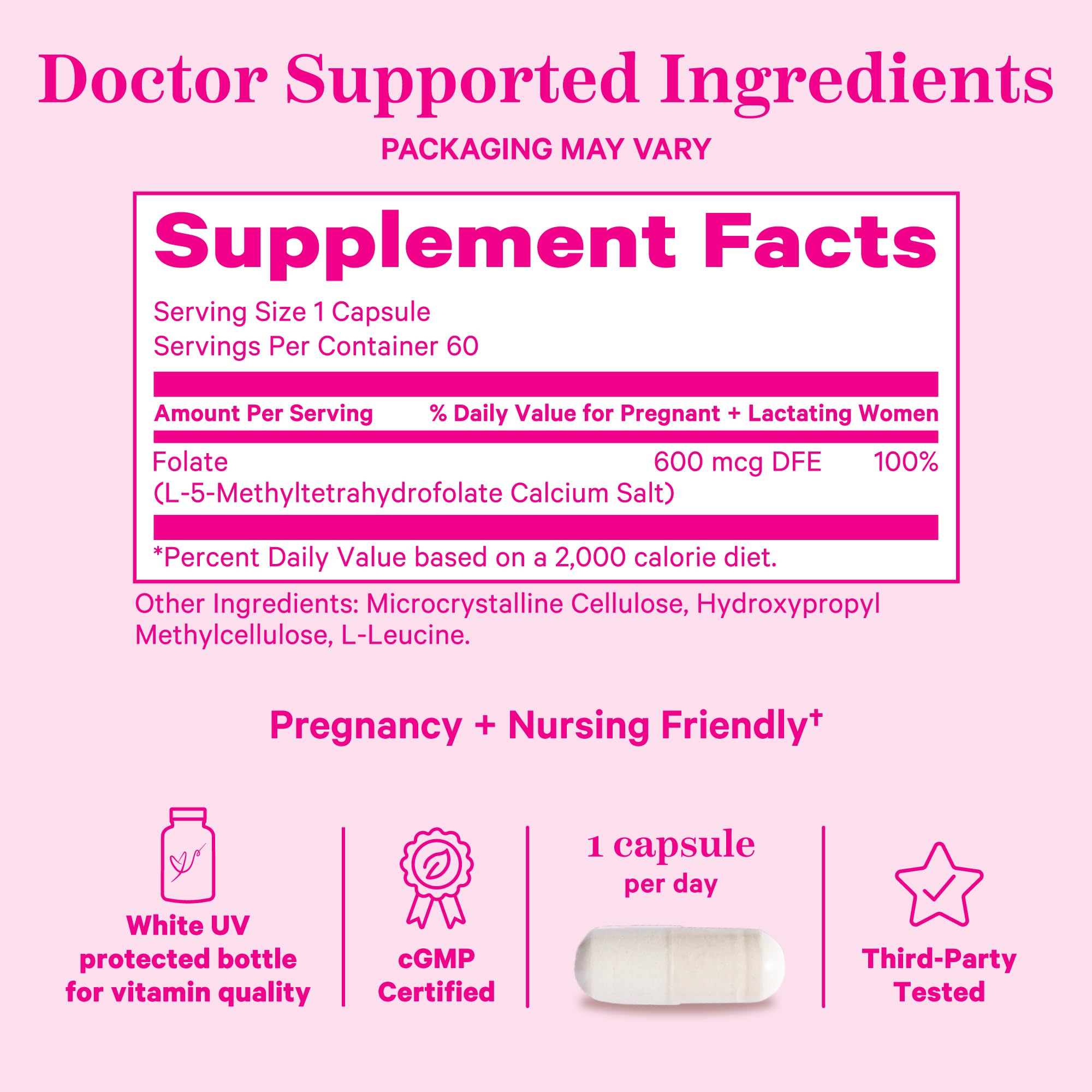 Pink Stork Folate: Methyl Folate - MTHFR Acid, Natural Form of Folic Acid for Pregnancy, Formulated