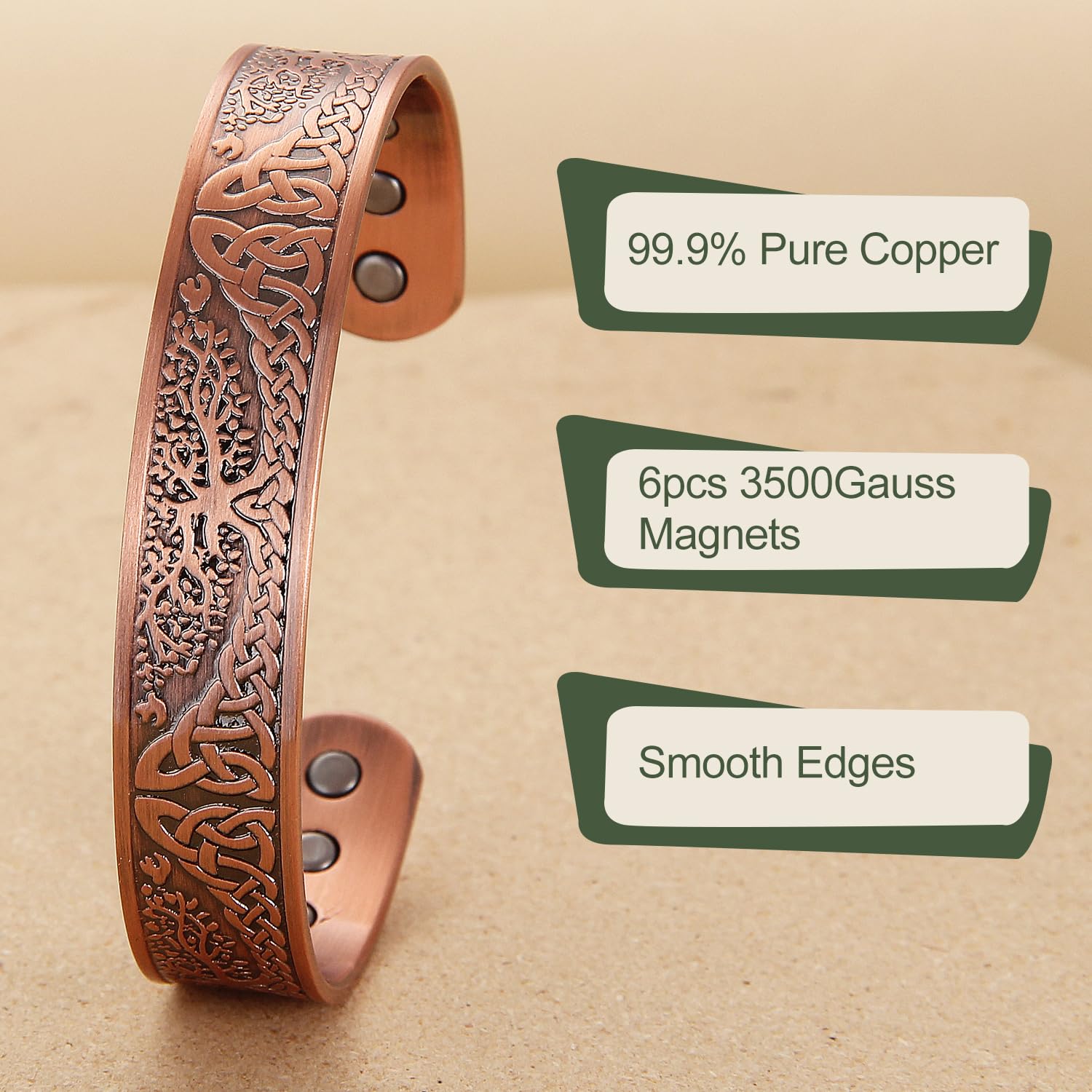 MagEnergy Magnetic Copper Bracelet for Men Life of Tree, 99.99% Pure Copper Bangle