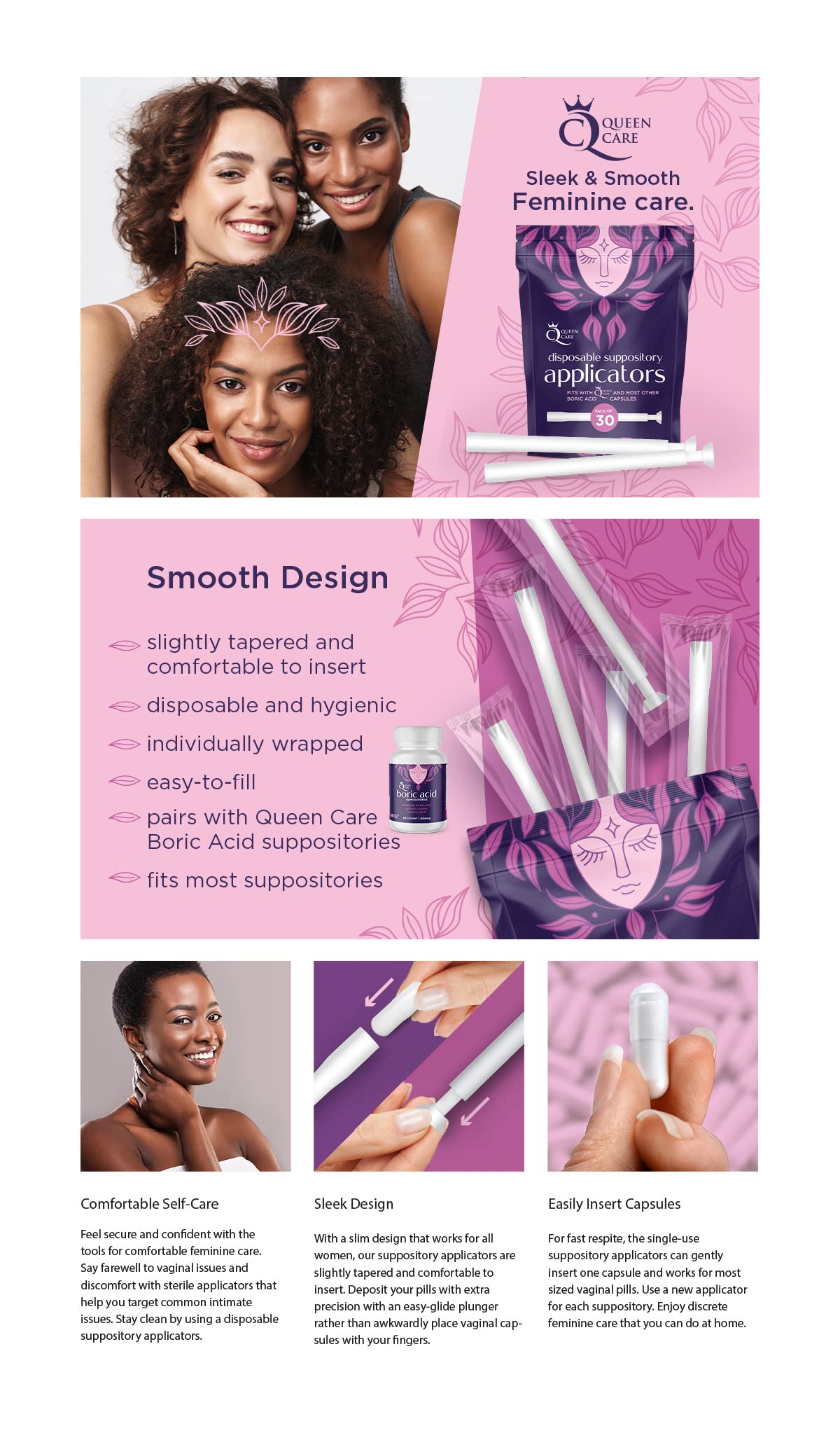 Queen Care - Disposable Suppository Applicator, Boric Acid Applicator, Feminine Care Suppository Applicator