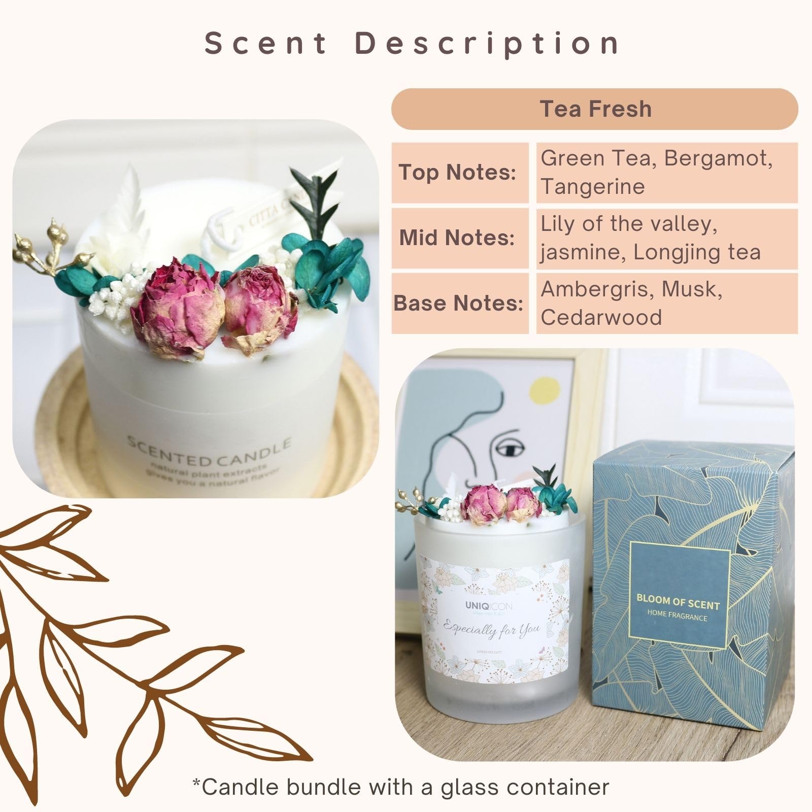 Natural Soy Scented Pillar Candles with Glass, Classic 10 oz Luxury Non Toxic White Bathroom Candle