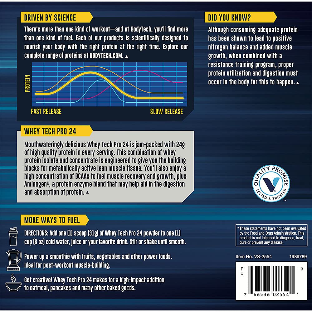 BODYTECH Whey Tech Pro 24 Protein Powder - Protein Enzyme Blend with BCAA's to Fuel