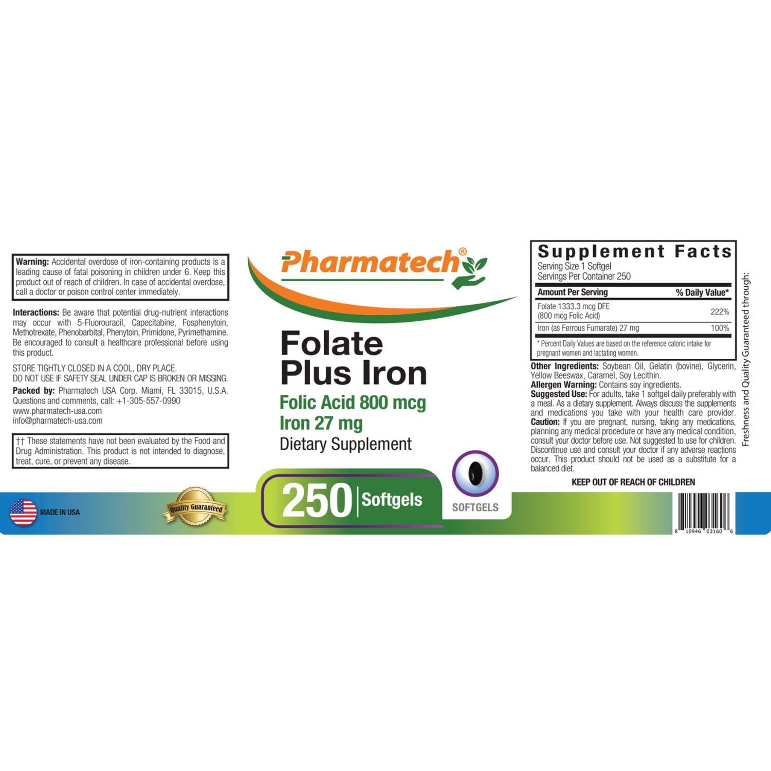 PHARMATECH Folic Acid 800 mcg Plus Iron 27 mg Supplement for Women, Vitamin B9