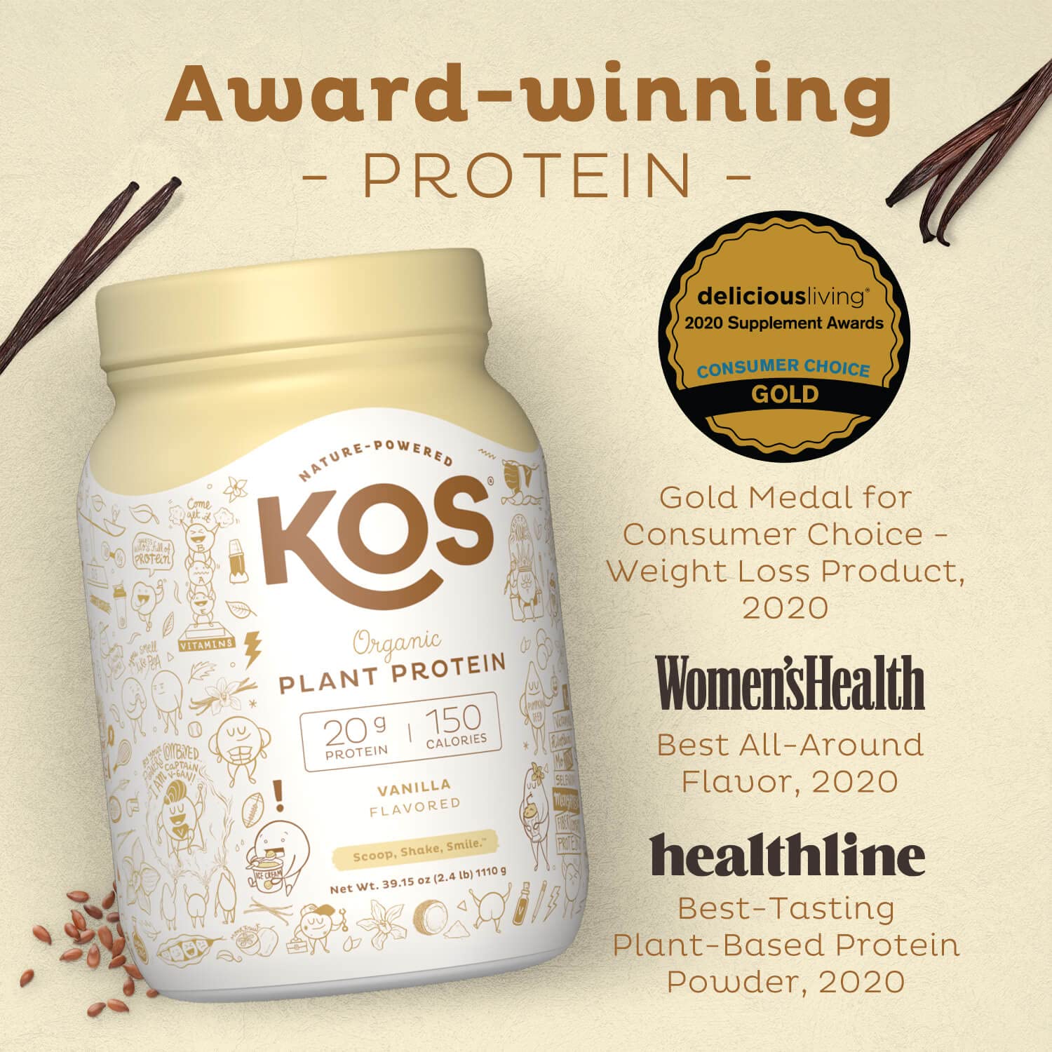 KOS Vegan Protein Powder Erythritol Free, Vanilla USDA Organic - Pea Protein Blend