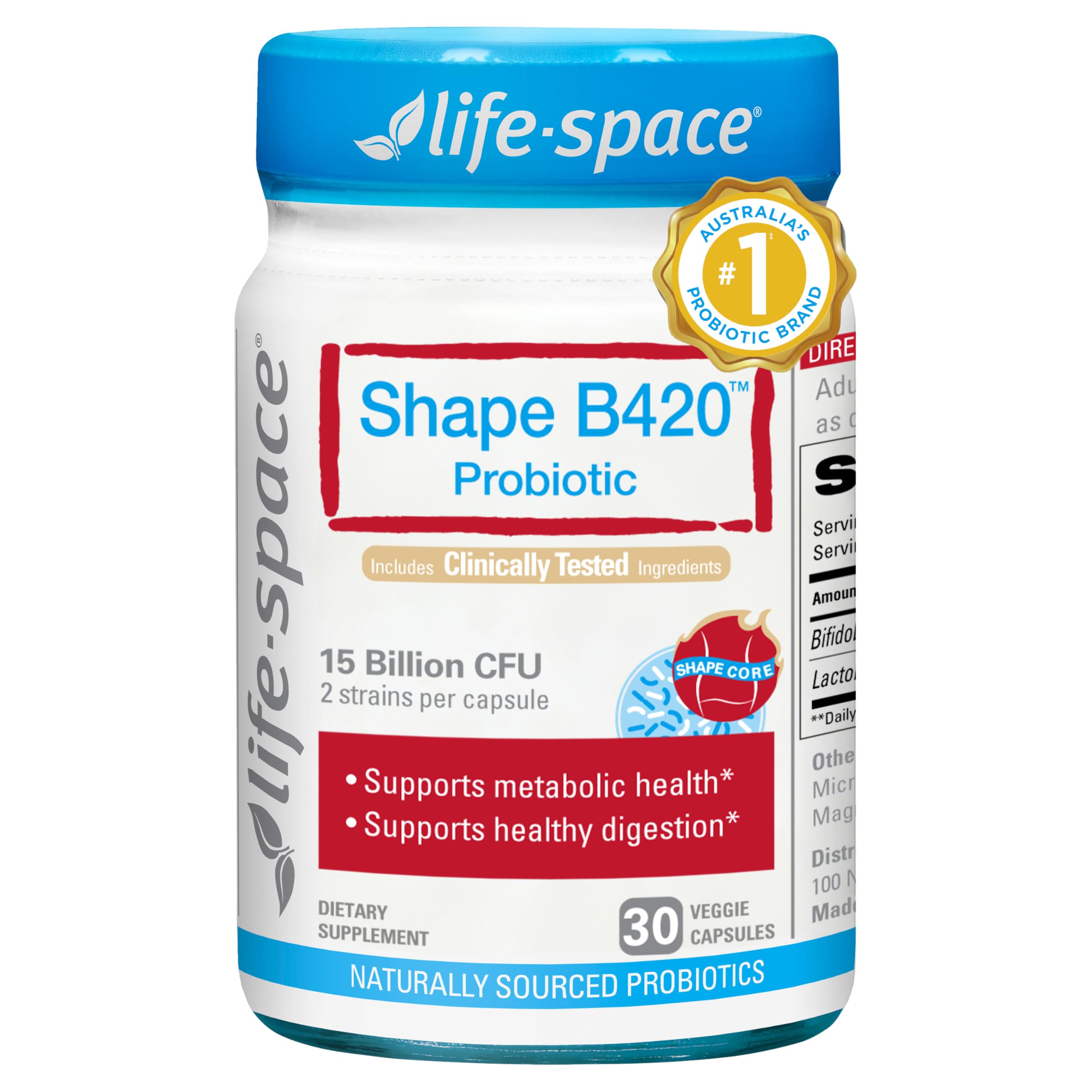 Life-Space Shape B420 Probiotics for Shape Better, GLP-1 Boost, Clinically Backed Metabolism Support, Prebiotic + Probiotics for Women and Men, 30 Vegetarian Capsules