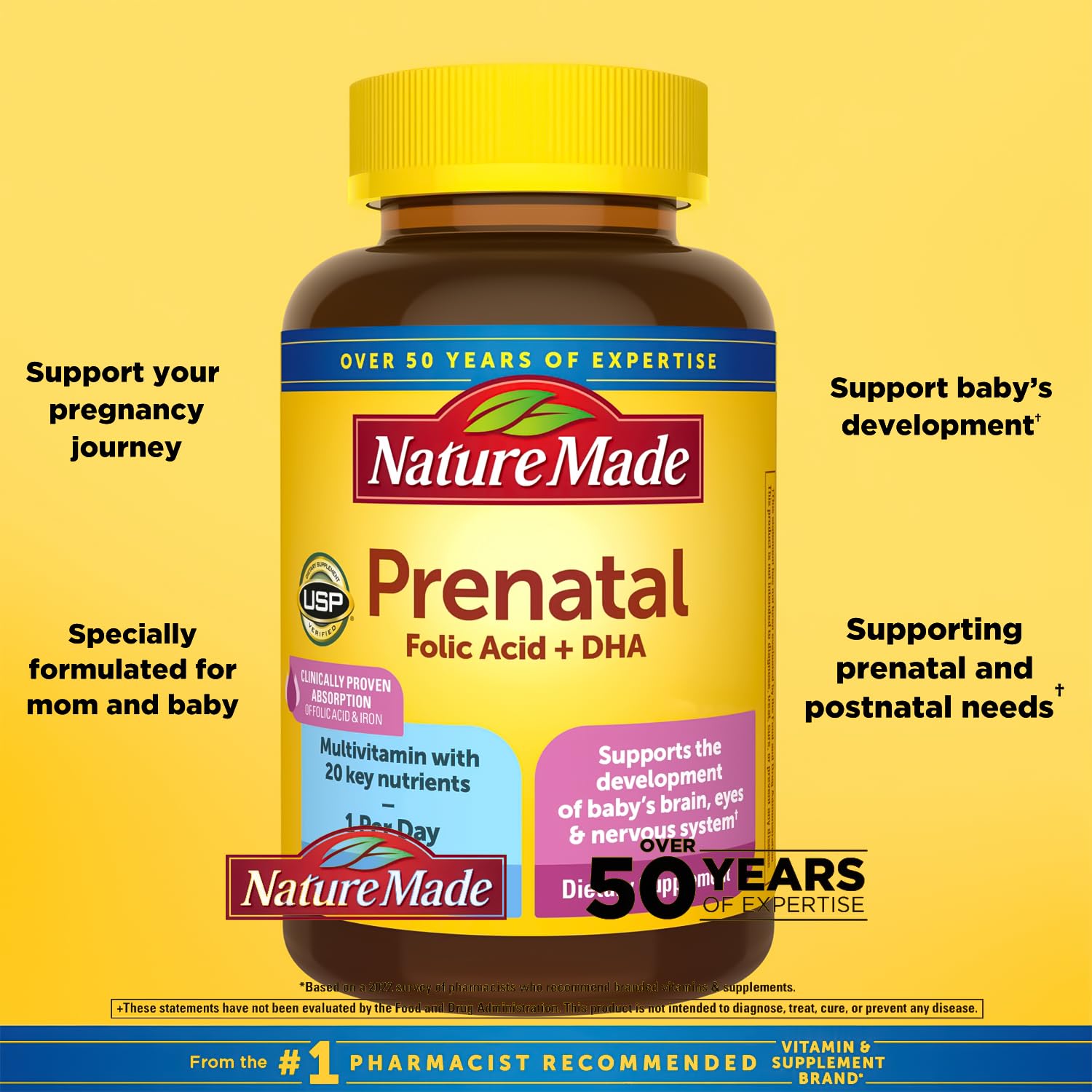 Nature Made Prenatal with Folic Acid + DHA, 200mg Prenatal Vitamin and Mineral Supplement for Daily