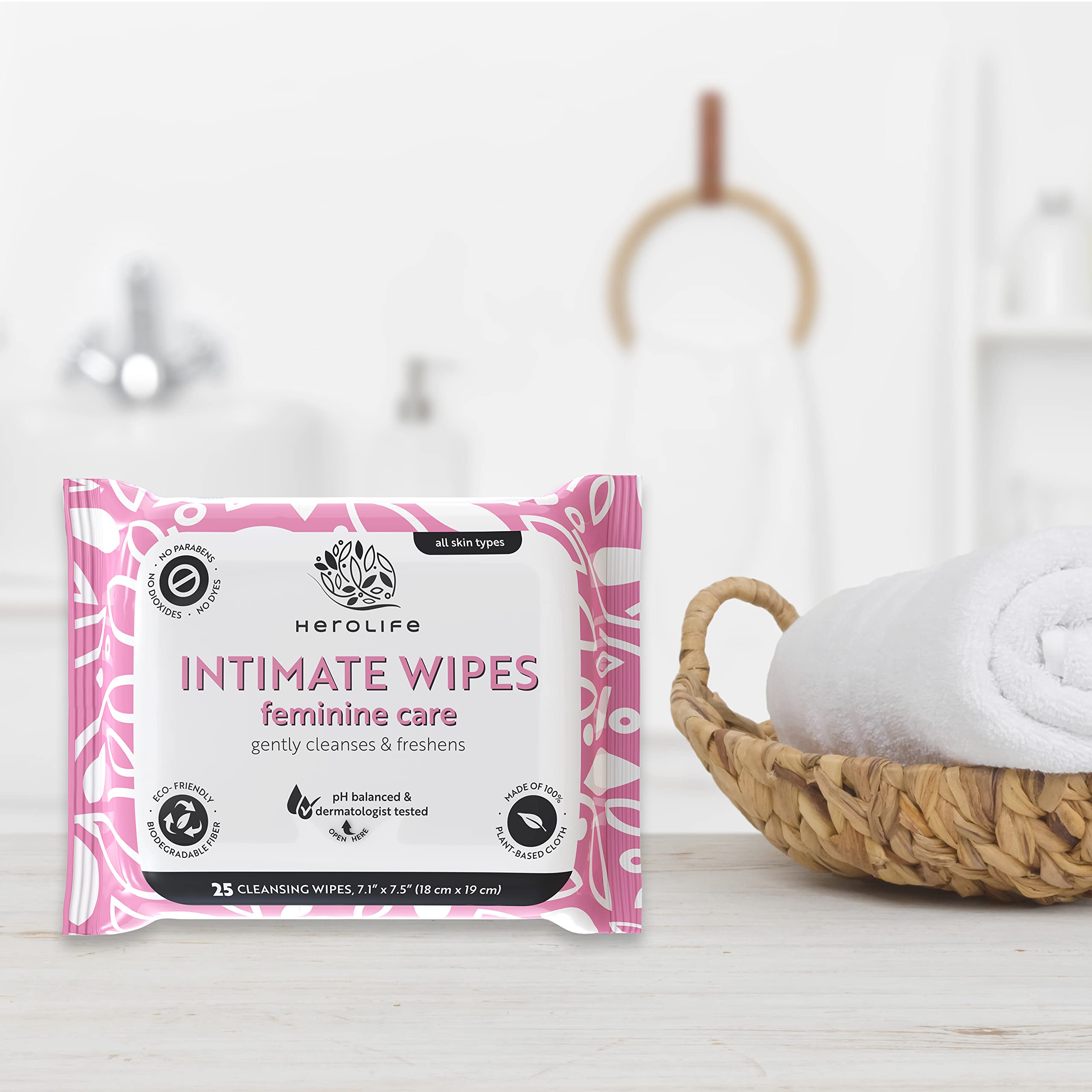 HEROLIFE Personal Wipes for Feminine Care, Single Use To Go, Plant-Based, 1 pack of 40 Single