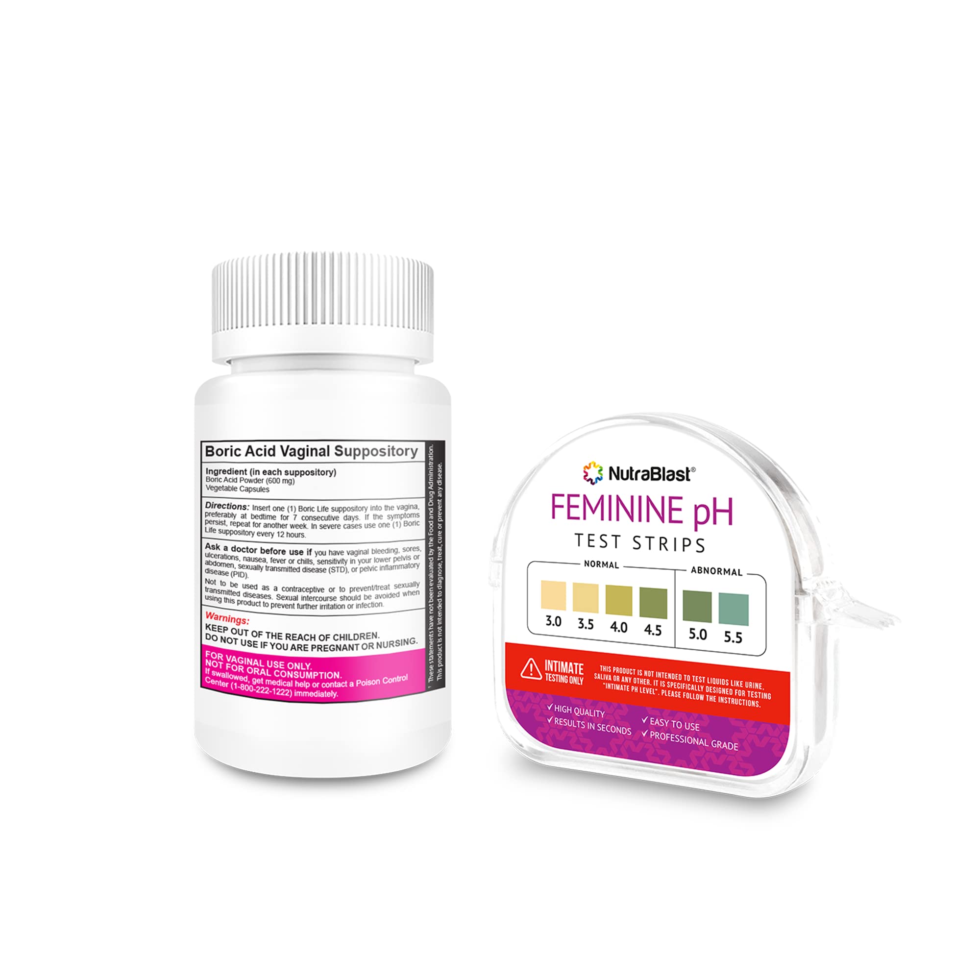 NutraBlast Boric Acid Vaginal Suppositories 600mg (30 Count) w/Feminine pH Test Strips 3.0-5.5