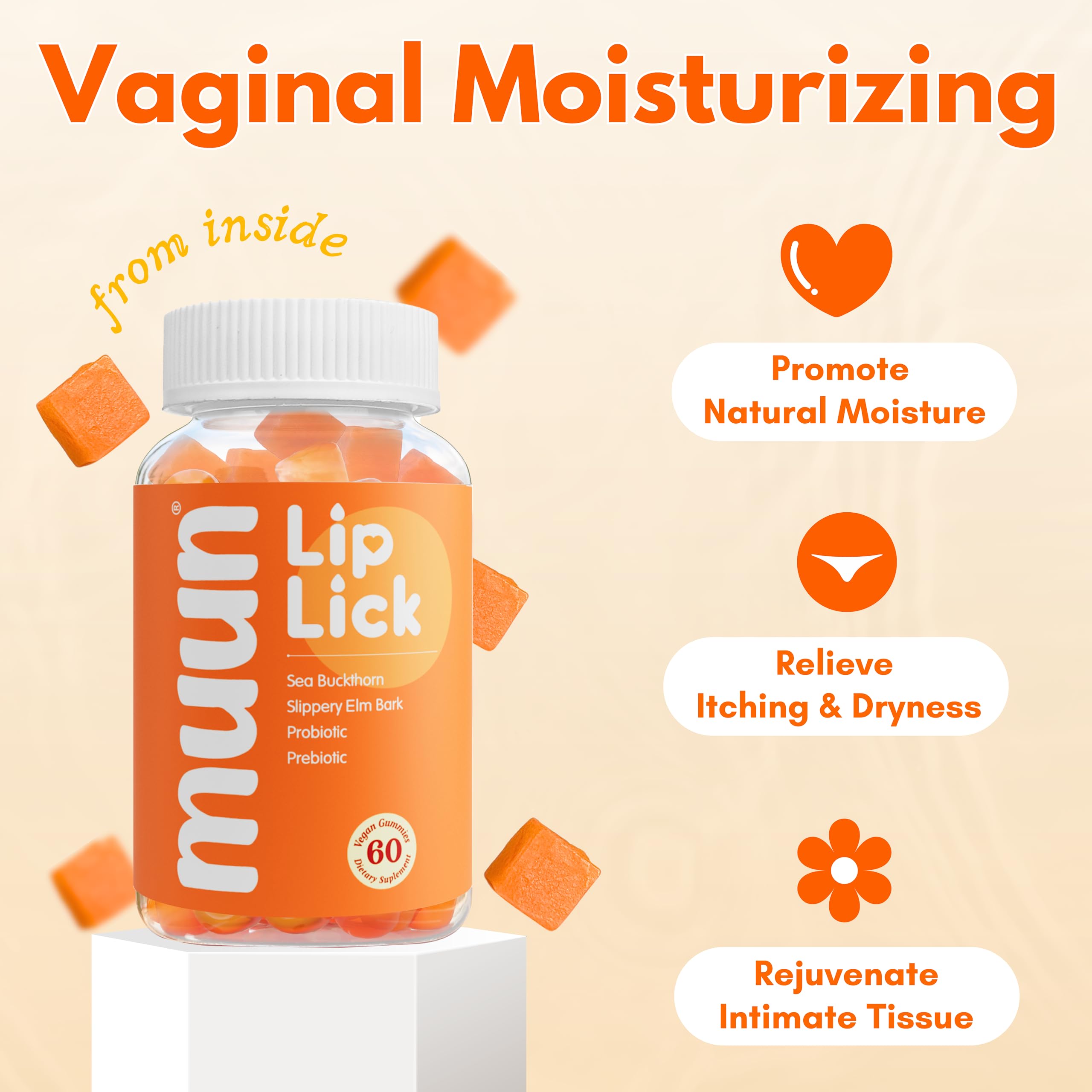 Muun Vaginal Dryness Gummy for Perimenopause Menopause with Slippery Elm Bark, Omega