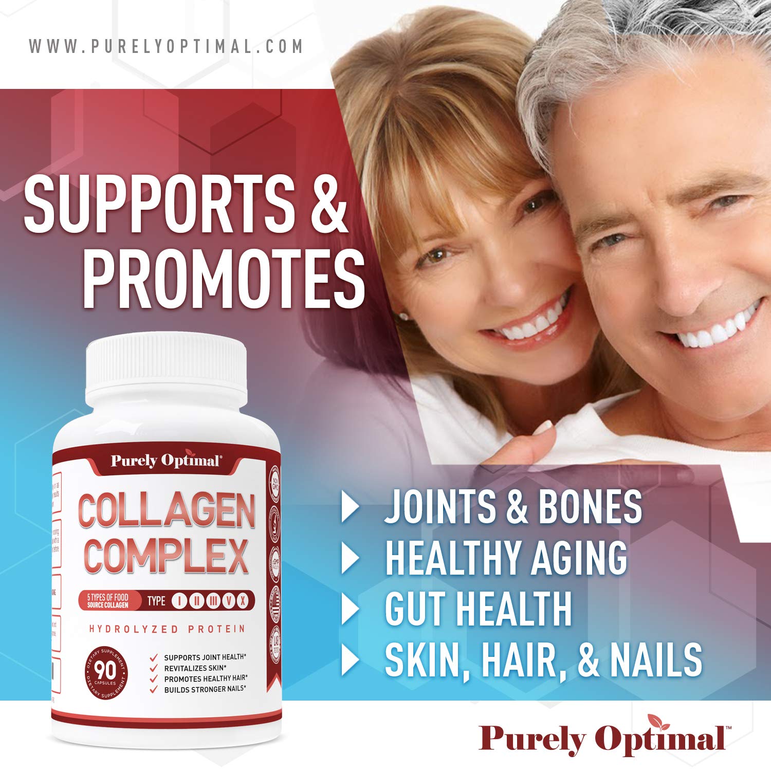 Purely Optimal Premium Multi Collagen Peptides Capsules (Types I, II, III, V, X) - Hair