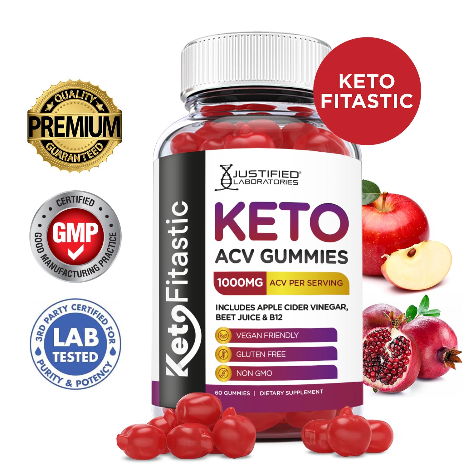 Justified Laboratories (3 Pack) Ketofitastic Keto Gummies 1000MG ACV with Pomegranate