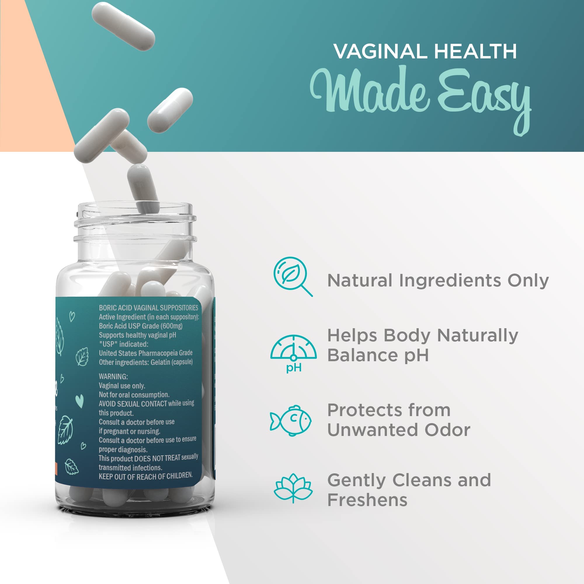 VeeFresh - VeeCleanse Boric Acid Vaginal Suppositories - Vaginal pH Balance Suppositories