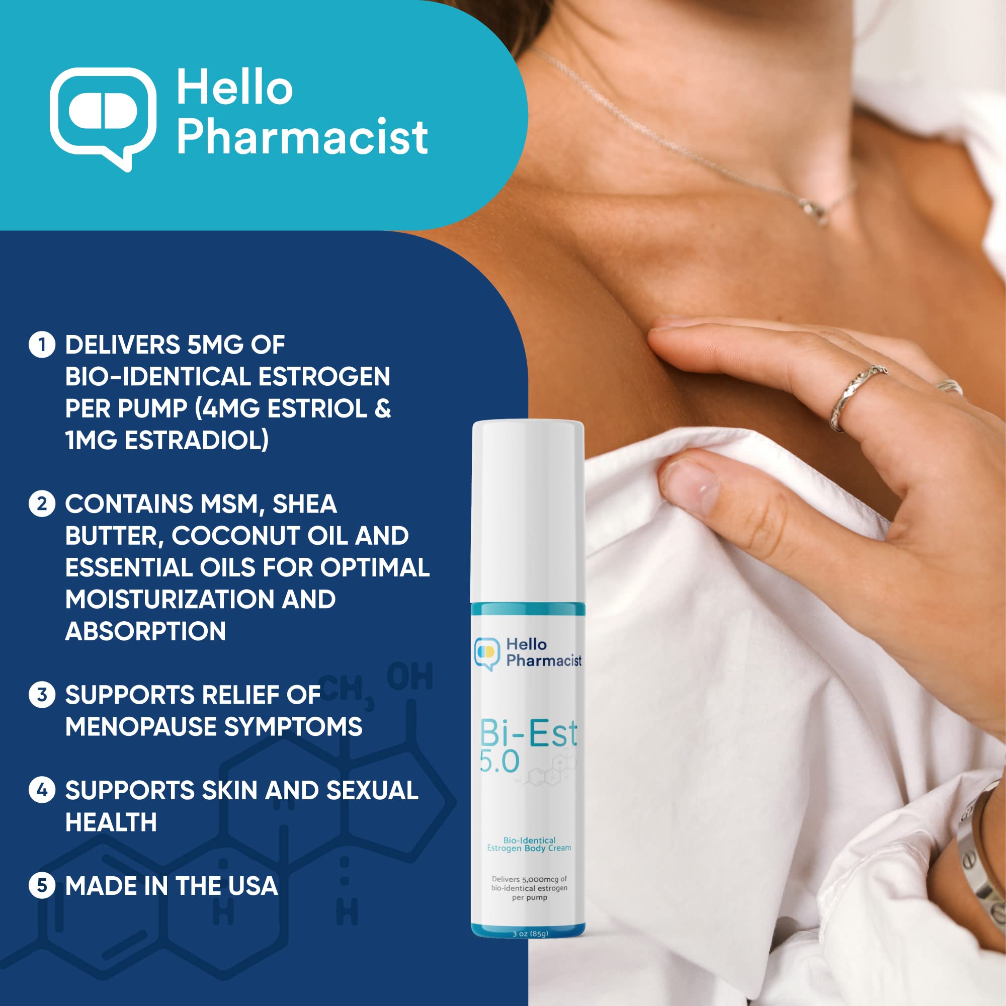 HelloPharmacist Natural Bioidentical Bi-EST 5.0 Estrogen Menopause Relief Cream for Women