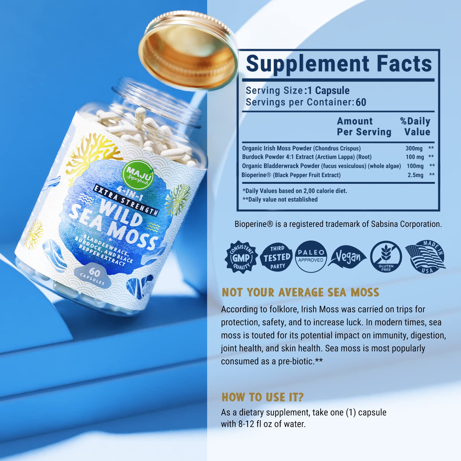 MAJU 4-in-1 Organic Sea Moss Capsules, Wild Chondrus Crispus, Seamoss