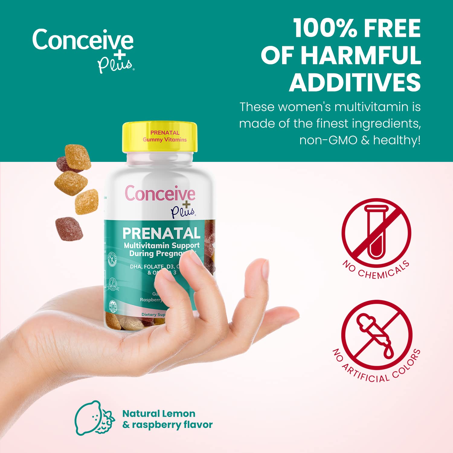CONCEIVE PLUS Prenatal Gummies - DHA, Folic Acid, Vitamin D3, C, Zinc, and Omega 3, Natural Lemon