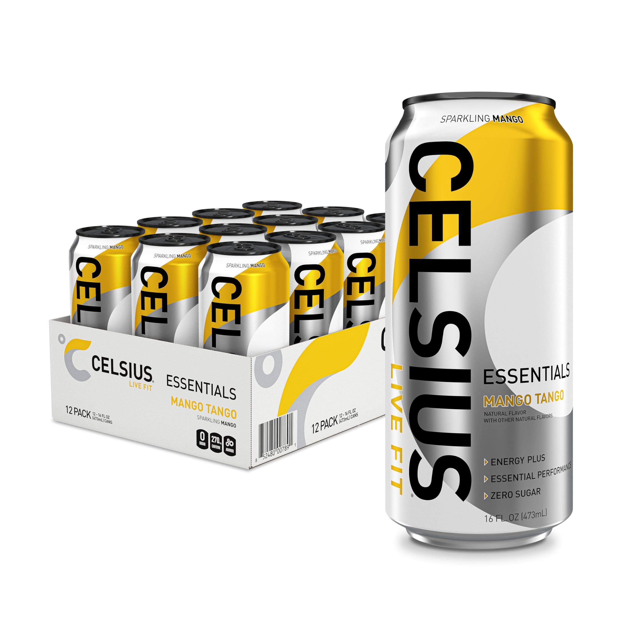 CELSIUS ESSENTIALS, Sparkling Mango Tango, Performance Energy Drink 16 Fl Oz 