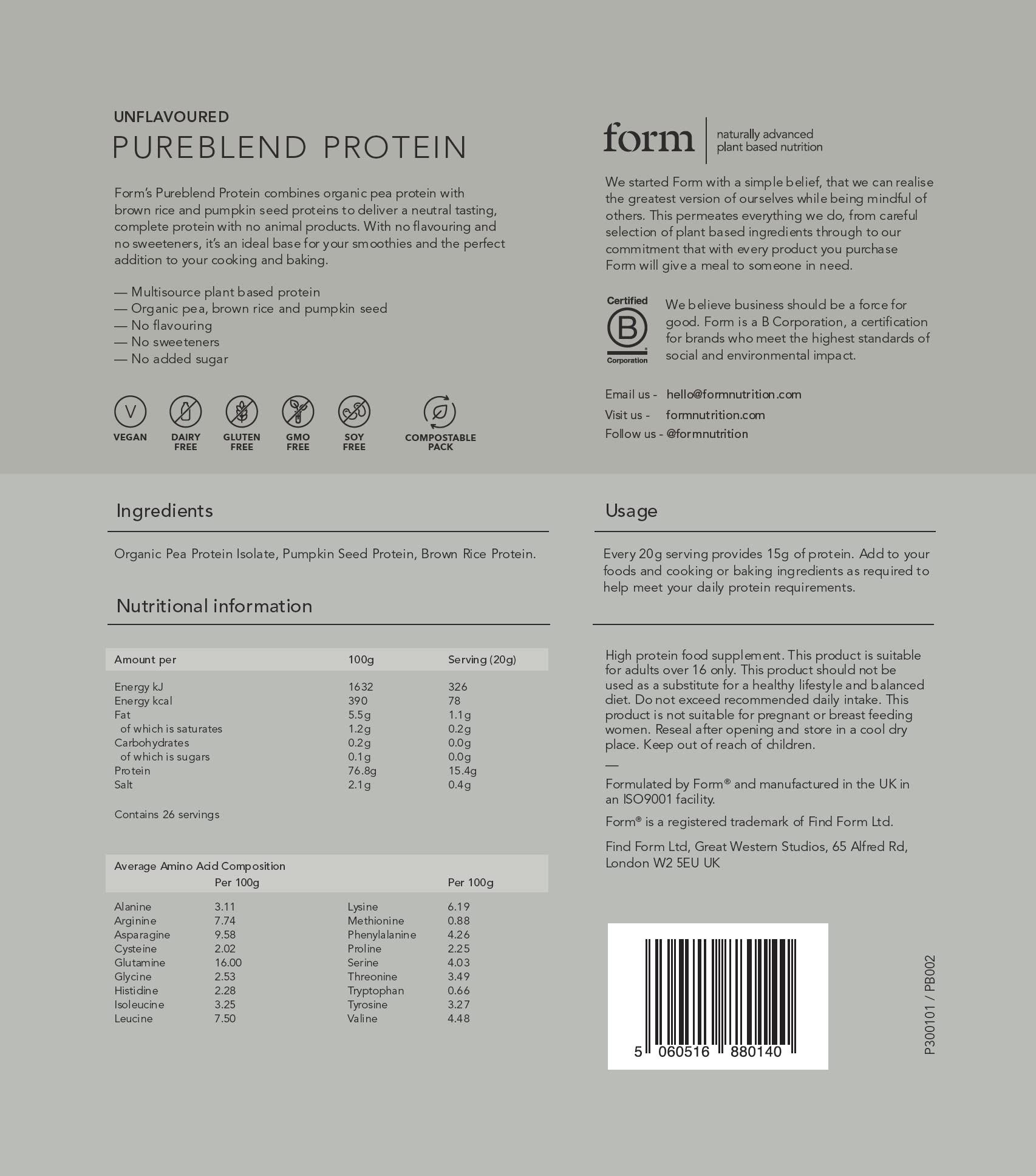 Form Pureblend Protein - Unflavoured and Unsweetened Vegan Protein Powder
