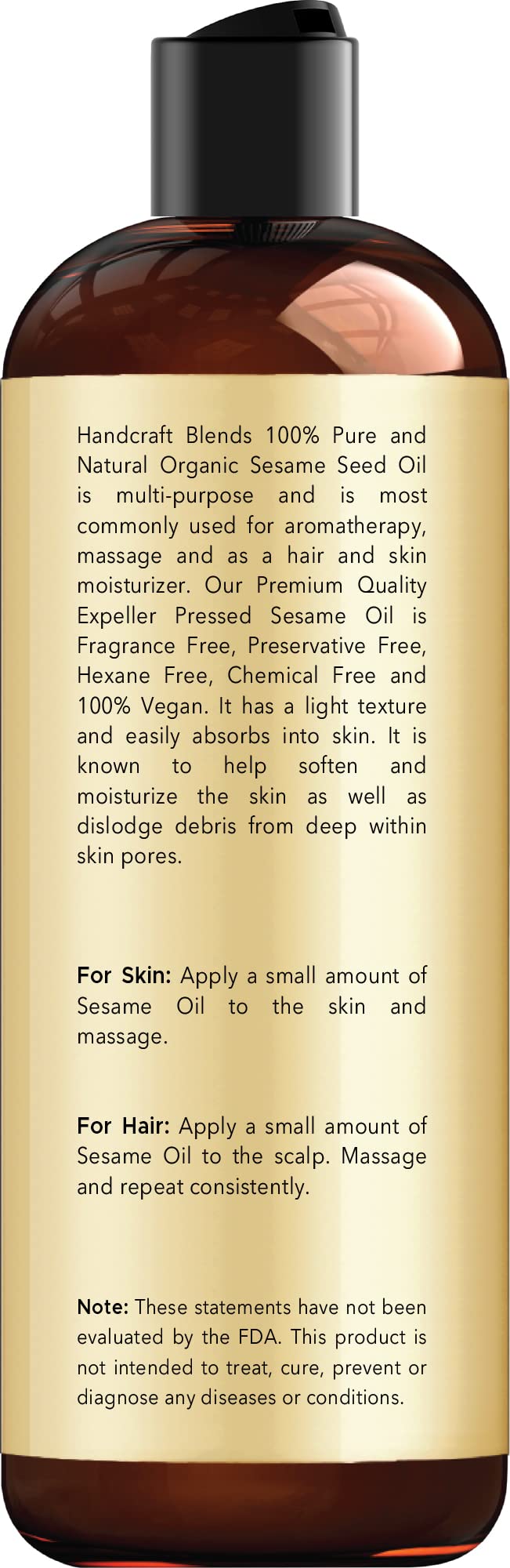 Handcraft Blends Organic Sesame Oil for Skin and Hair 8 oz - 100% Pure and Natural - Premium