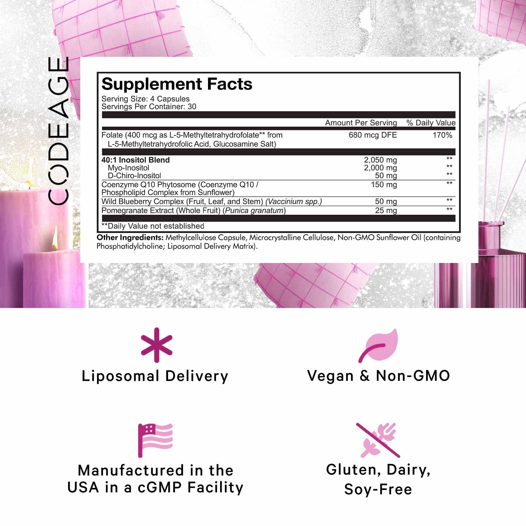 Codeage Liposomal Ovarian Inositol + Supplement - Myo-Inositol, D-Chiro-Inositol