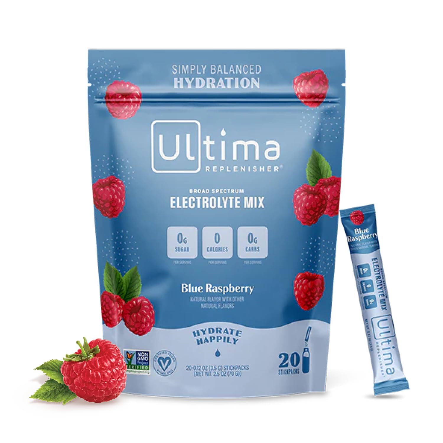 Ultima Replenisher Daily Electrolyte Drink Mix – Blue Raspberry, 20 Stickpacks – Hydration 