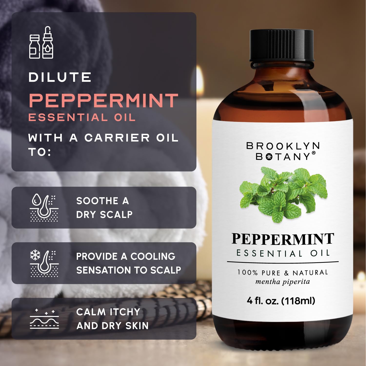 Brooklyn Botany Peppermint Essential Oil - Huge 4 Fl Oz - 100% Pure and Natural - Premium Grade